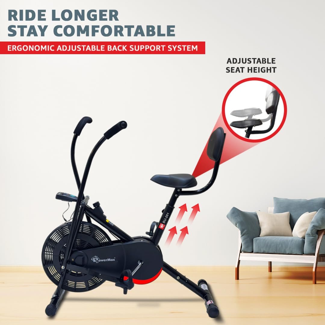 PowerMax Fitness BU-201 Dual Action Air Bike/Exercise Bike for Home |Gym Cycle for Workout With Adjustable Cushioned Seat | Non-Slip Pedals | Moving Handles Black Gym Bike, Max user weight 120 KG - Image 7