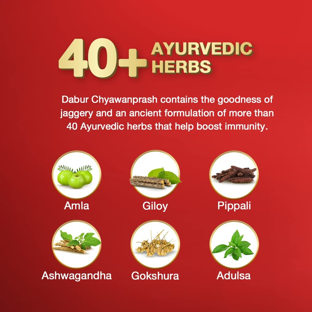 Dabur Chyawanprash Awaleha - 900g | With Goodness of Gur (Jaggery)| 3X Immunity Action | No added Sugar | Helps Improve Digestive & Respiratory Health | With Goodness of 40+ Ayurvedic Herbs - Image 5