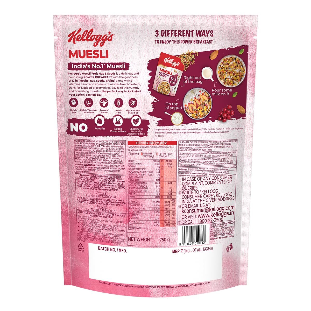 Kellogg's Muesli Fruit Nut & Seeds 750G | 12-In-1 Power Breakfast | India'S No. 1 Muesli | Multigrain Breakfast Cereal - Image 3