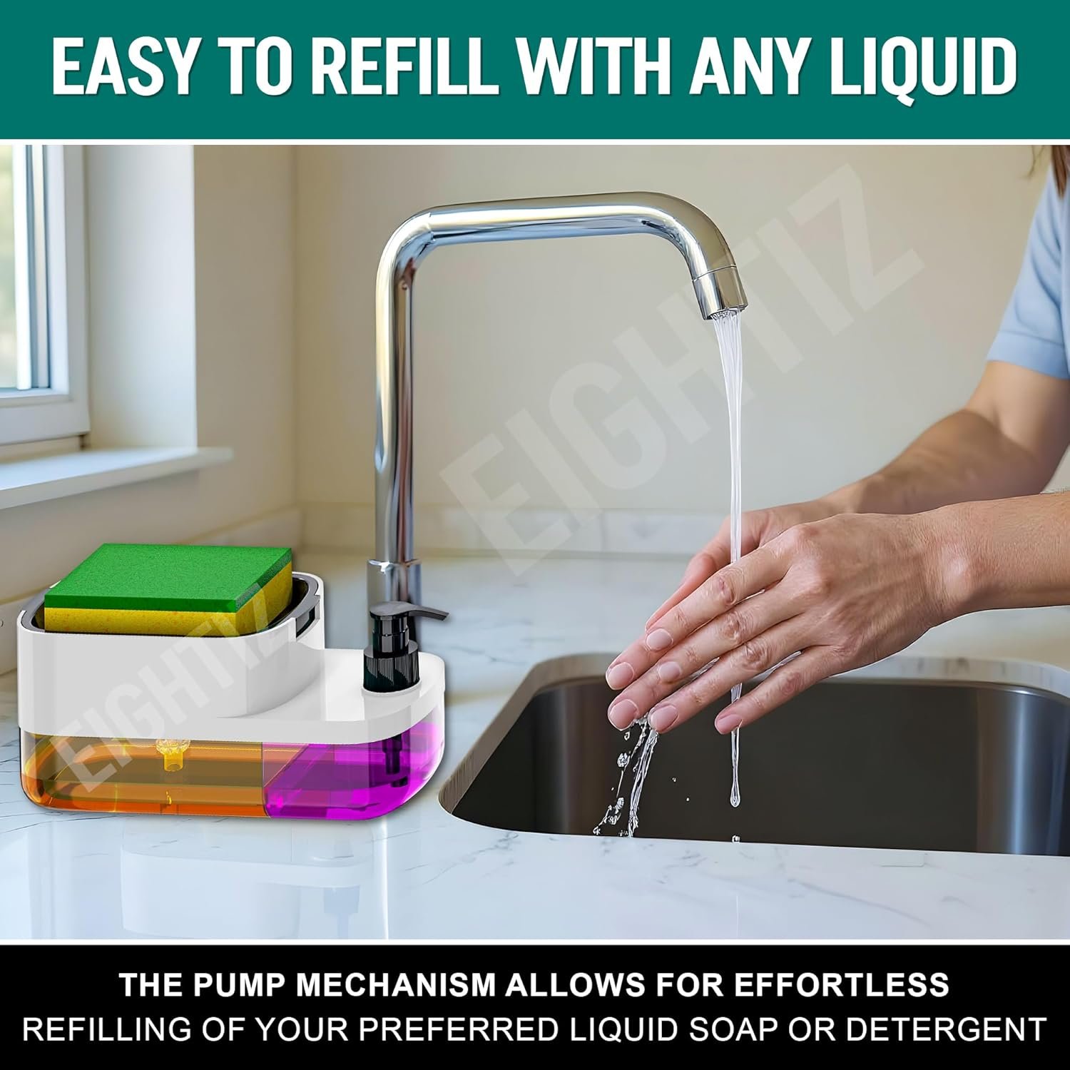 SWAPKART ABS Plastic 3 in 1 Soap Pump Dispenser Dish Soap Liquid Dispenser Sponge Holder Dish Soap Dispenser for Kitchen Sink Countertop Kitchen Bathroom (Multi-Color,Pack of 1) - Image 7