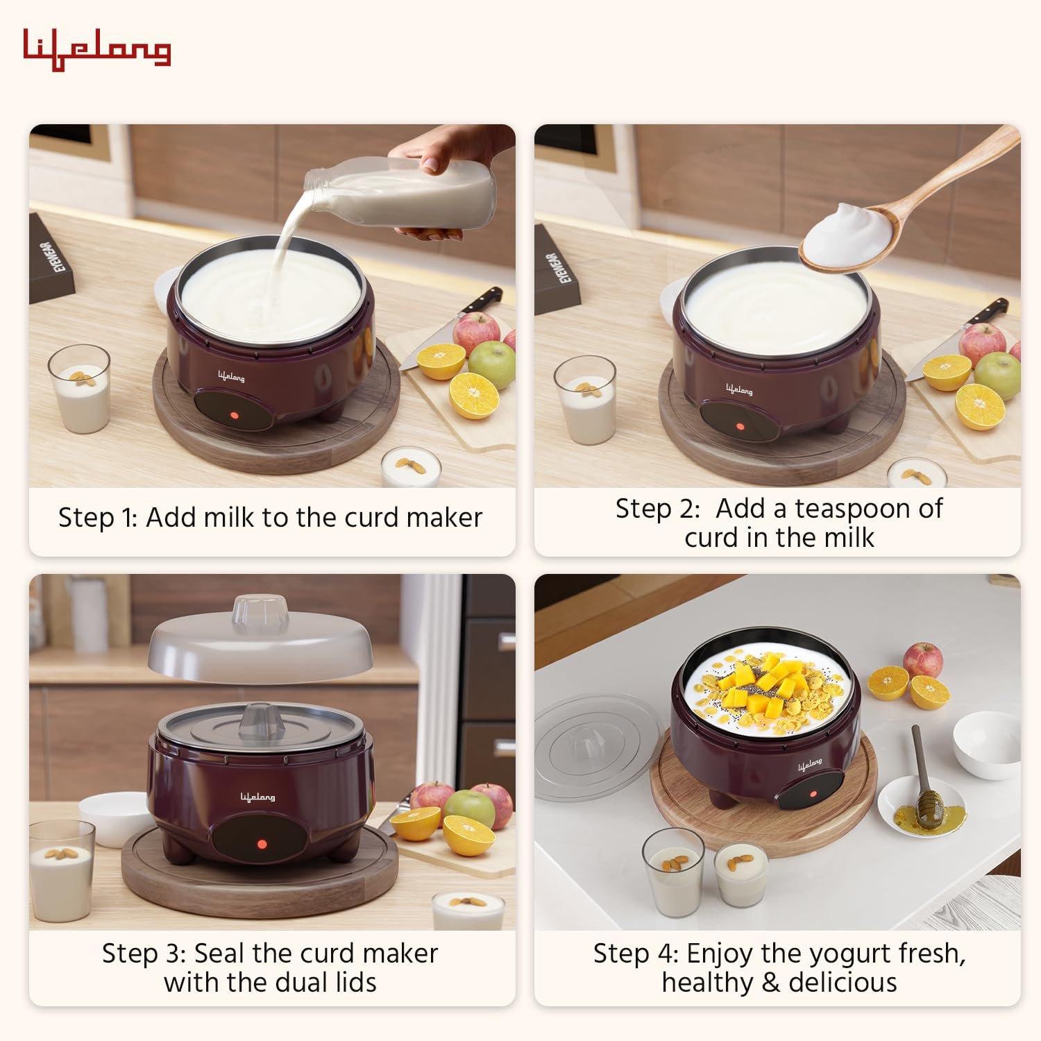 Lifelong Yogurt & Curd Maker for Home | Automatic Curd Maker with Auto Temperature Regulation | Electric Probiotic Yogurt Maker Machine for Kitchen (1 Litre) | 304 Stainless Steel Container (LLECM18) - Image 7