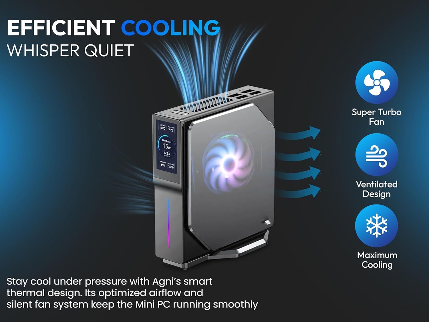 SKULLSAINTS Agni Mini PC – Vibrant LCD Screen, M.2 SSD, Mini Tower with RGB Lights, WiFi 6, 4K UHD, Dual LAN for Home and Office (13th Gen N150, 512, GB, 16, GB) - Image 4