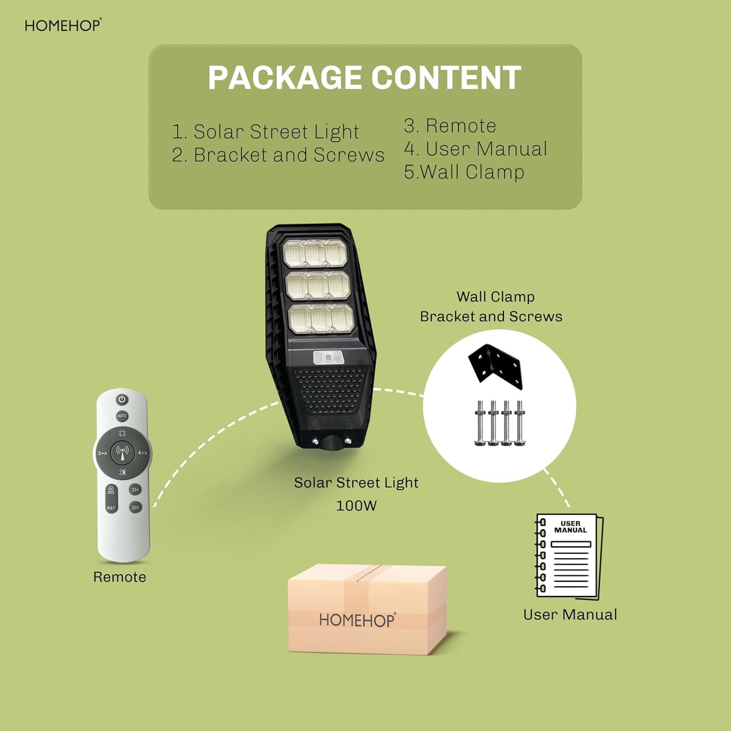 Homehop 100W Solar Street Light Outdoor Waterproof Motion Sensor Security Automatic Wireless Wall Lamp for Home & Garden with Remote Control (Cool White) - Image 6