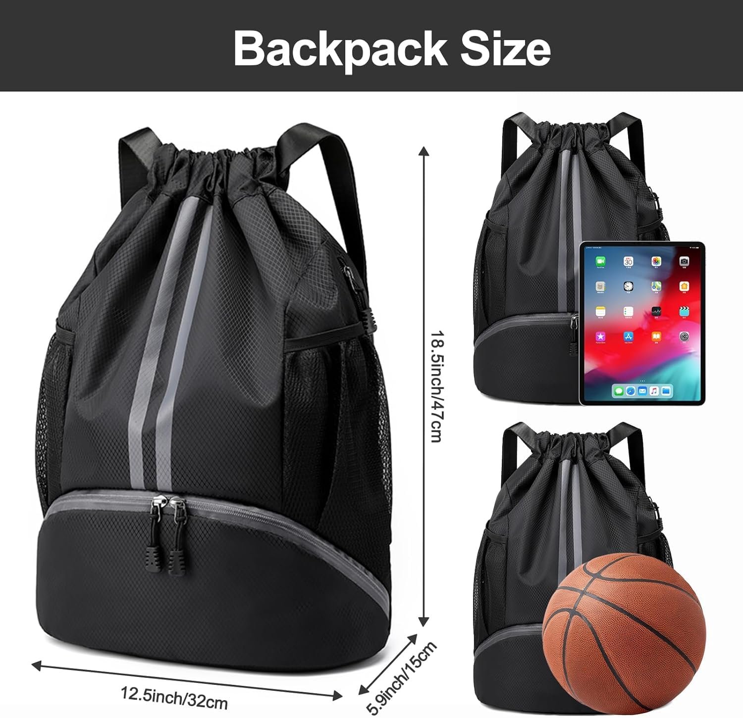 Leosportz Sports Drawstring Bag Backpack for Men Women - Basketball Bag Gym Backpack Dedicated Shoe Compartment | Waterproof Large Space Gym Bag - Image 4