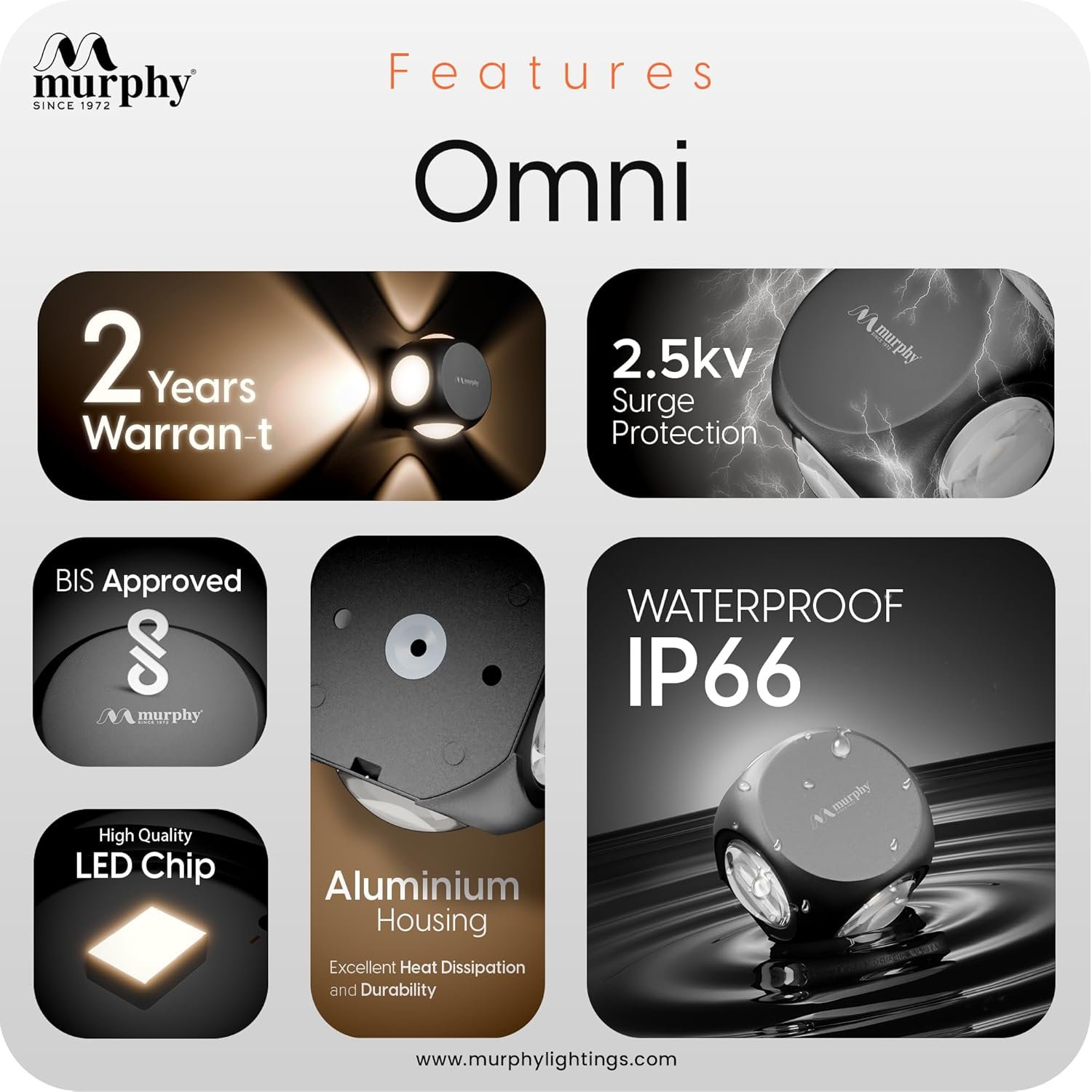 Murphy LED Outdoor Up/Down Wall Light - 6W, Warm White, (4 Multi-Directional Beams), IP65 Waterproof Aluminum Body, Pack of 1 (2-Year Warranty) - Image 5