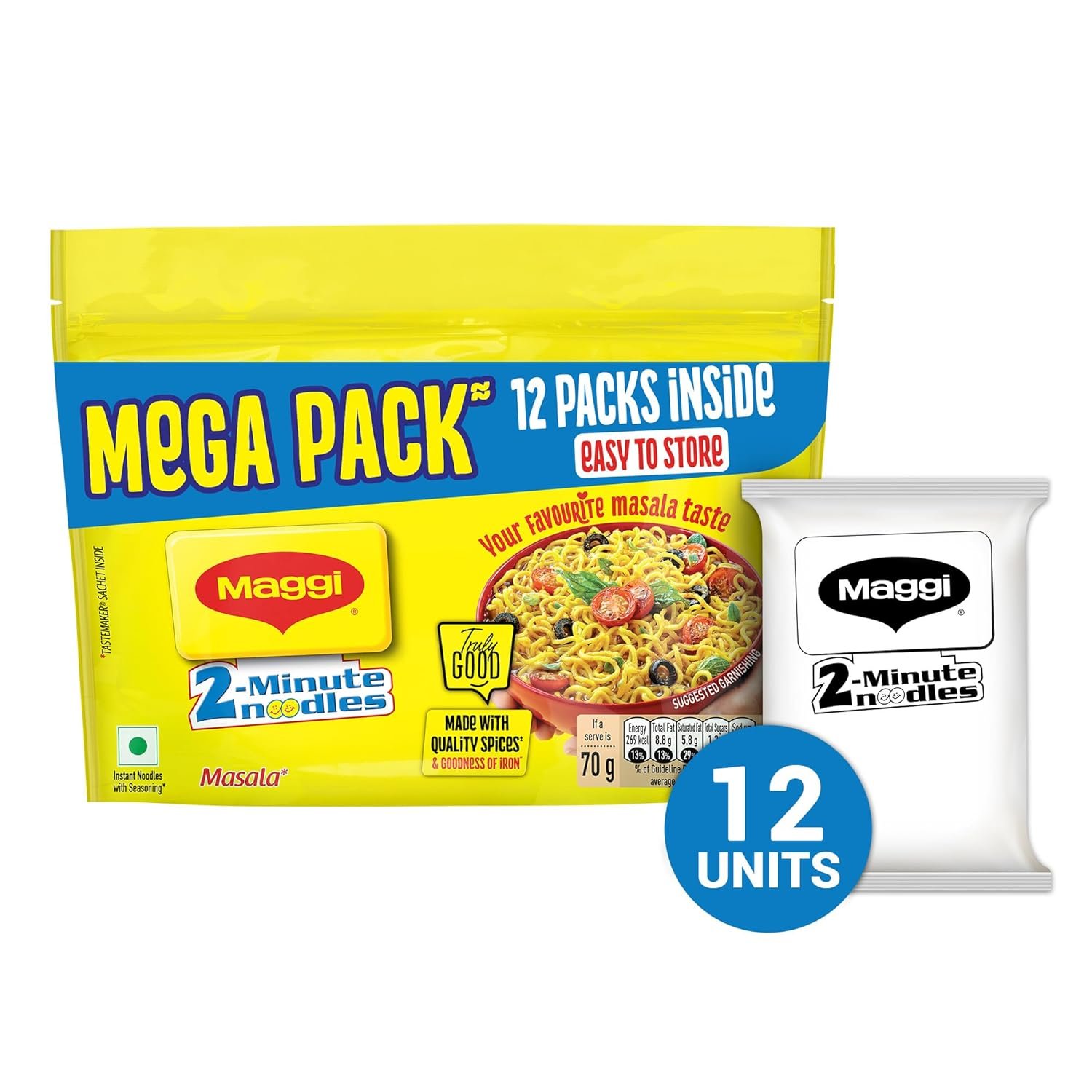 MAGGI 2-Minute Instant Noodles, Masala Noodles With Goodness Of Iron, Made With Choicest Quality Spices, Favourite Masala Taste, 840g Pouch (Pack of 12, 70 g each) - Image 5
