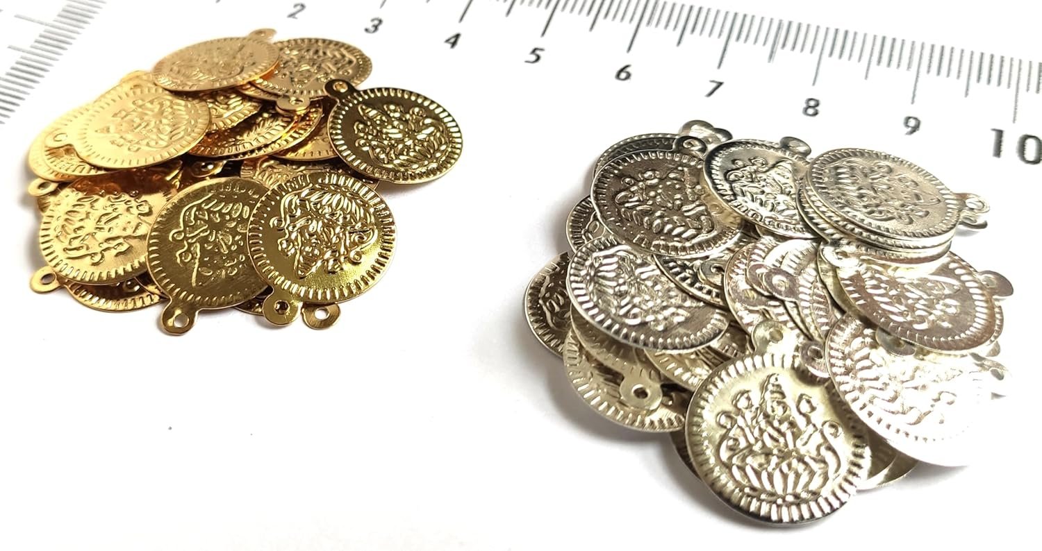 GoSetGet!(500 pcs) 14 MM Gold (250pcs) & Silver (250pcs) Lakshmi Kasu/Coin Coated Metal Beads for Embroidery, Jewelry & Arts (Gold_Silver-500) - Image 2