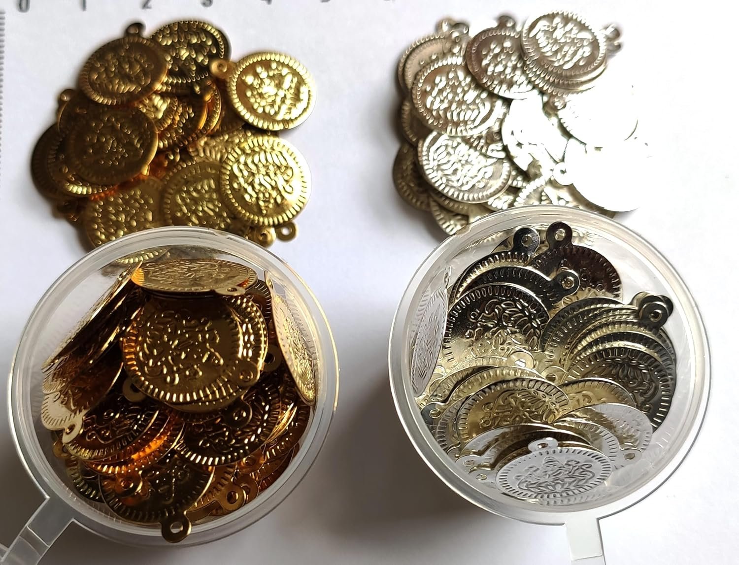 GoSetGet!(500 pcs) 14 MM Gold (250pcs) & Silver (250pcs) Lakshmi Kasu/Coin Coated Metal Beads for Embroidery, Jewelry & Arts (Gold_Silver-500) - Image 7