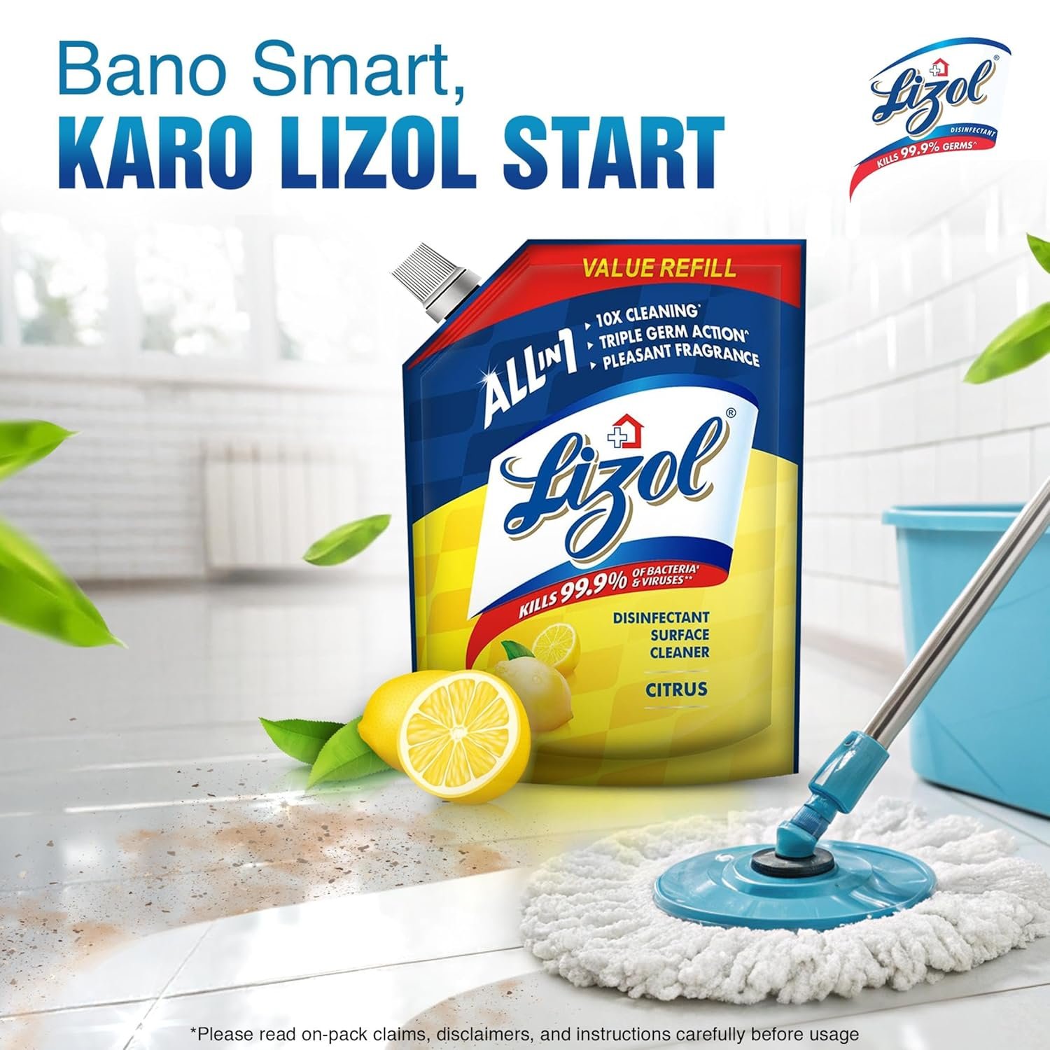 Lizol Disinfectant Surface & Floor Cleaner Liquid Refill Pack, Citrus - 1800 ml | Suitable for All Floor Cleaner Mops | Kills 99.9% Germs| India's #1 Floor Cleaner - Image 3