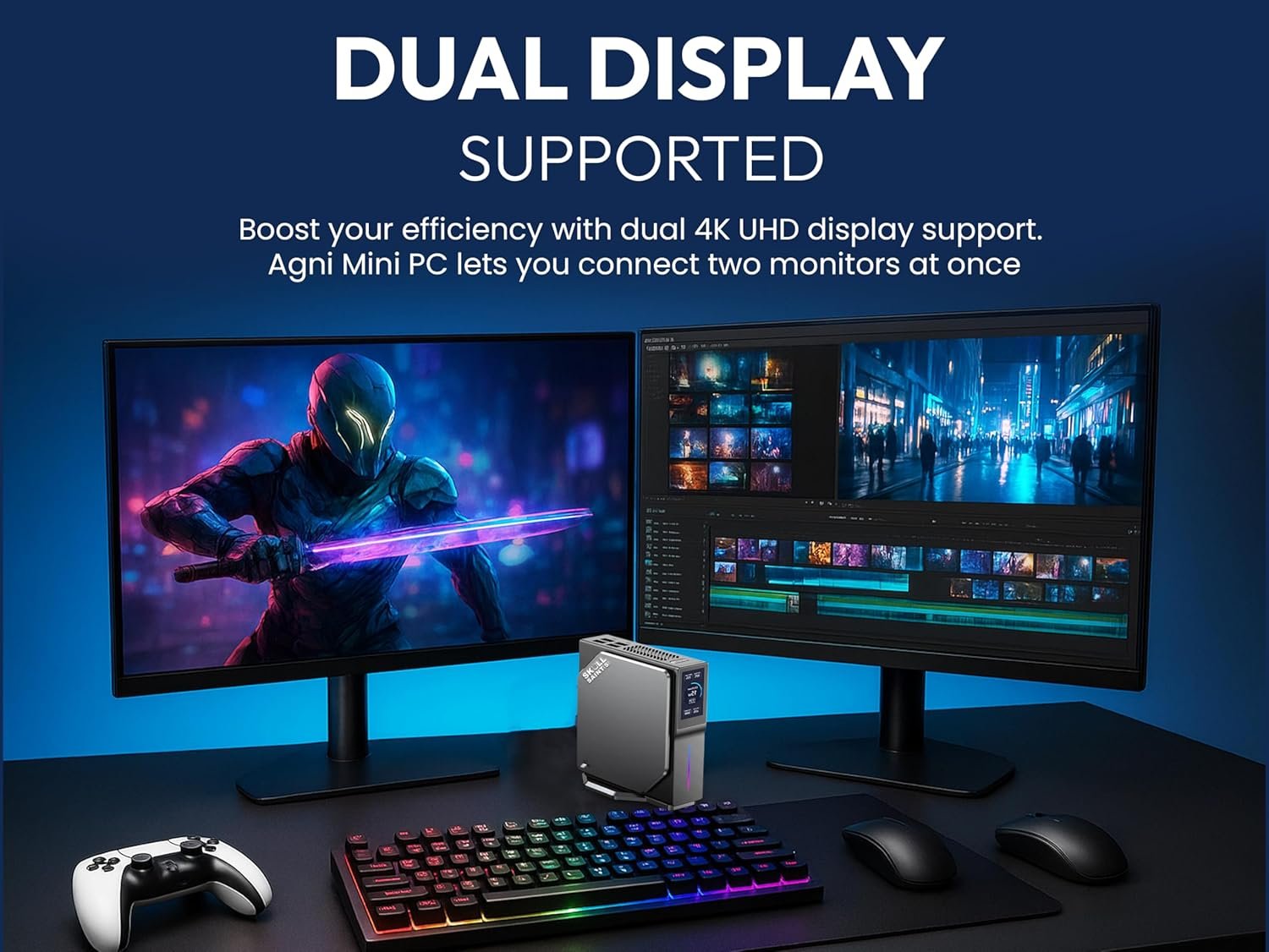 SKULLSAINTS Agni Mini PC – Vibrant LCD Screen, M.2 SSD, Mini Tower with RGB Lights, WiFi 6, 4K UHD, Dual LAN for Home and Office (13th Gen N150, 512, GB, 16, GB) - Image 6