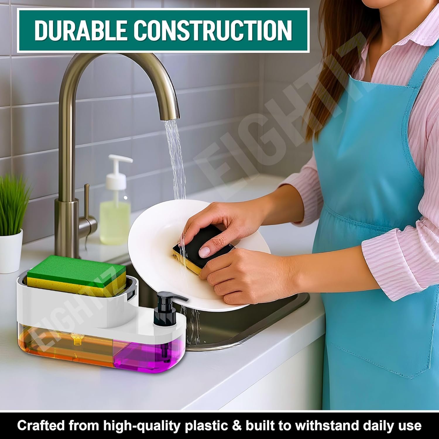 SWAPKART ABS Plastic 3 in 1 Soap Pump Dispenser Dish Soap Liquid Dispenser Sponge Holder Dish Soap Dispenser for Kitchen Sink Countertop Kitchen Bathroom (Multi-Color,Pack of 1) - Image 5