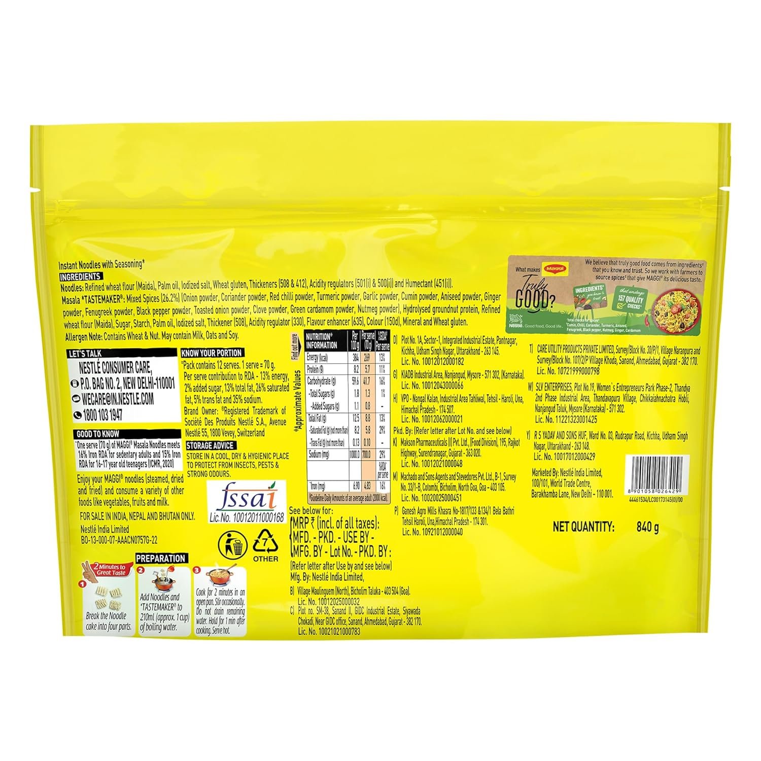 MAGGI 2-Minute Instant Noodles, Masala Noodles With Goodness Of Iron, Made With Choicest Quality Spices, Favourite Masala Taste, 840g Pouch (Pack of 12, 70 g each) - Image 3