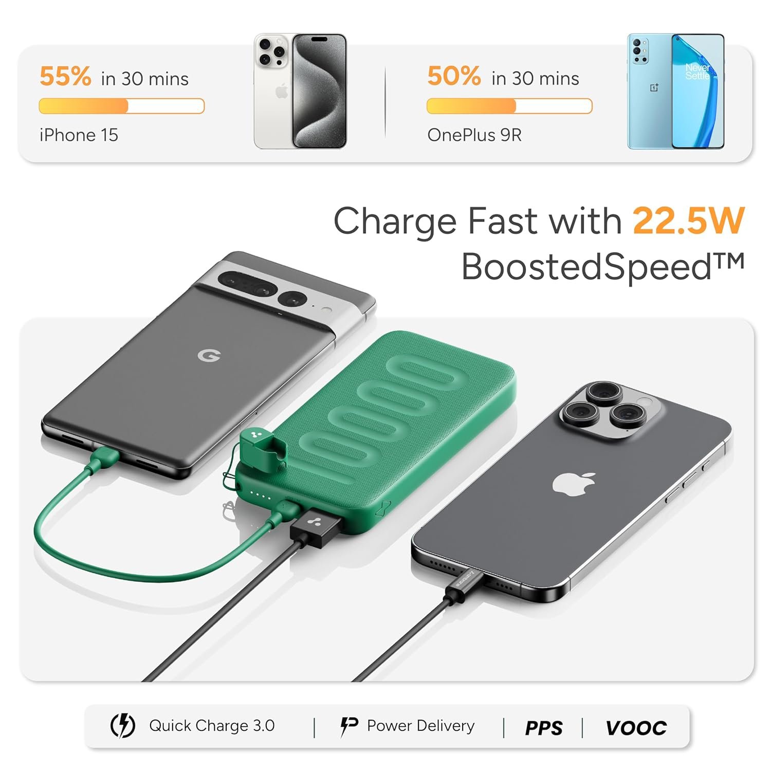 Ambrane 10000mAh Slim & Compact Powerbank with in-Build Type C Cable, 22.5W Fast Charging, USB & Type C Output, Power Delivery, Quick Charge for iPhone, Android & Tablets, Earbuds, (Stylo N10,Black) - Image 4