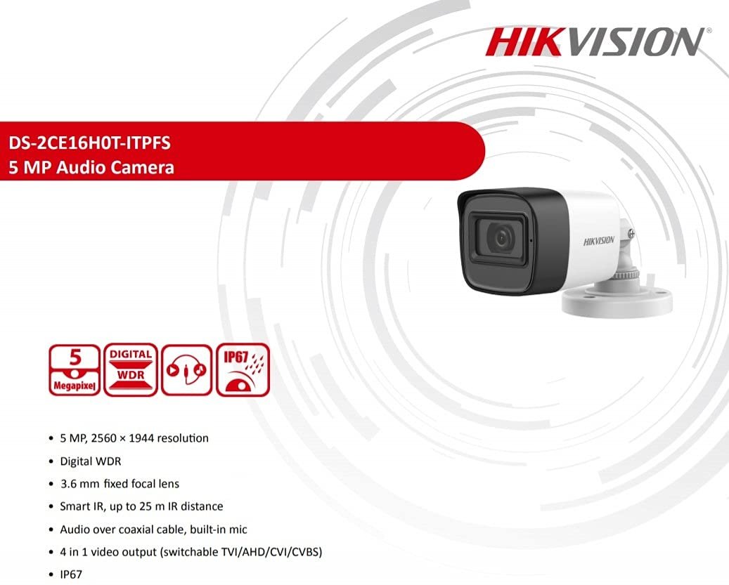 HIKVISION 5 MP Outdoor Bullet CCTV Ethernet Camera with inbuilt Audio Mic IP67 DS-2CE16H0T-ITPFS + BNC/DC, 1080p White - Image 5