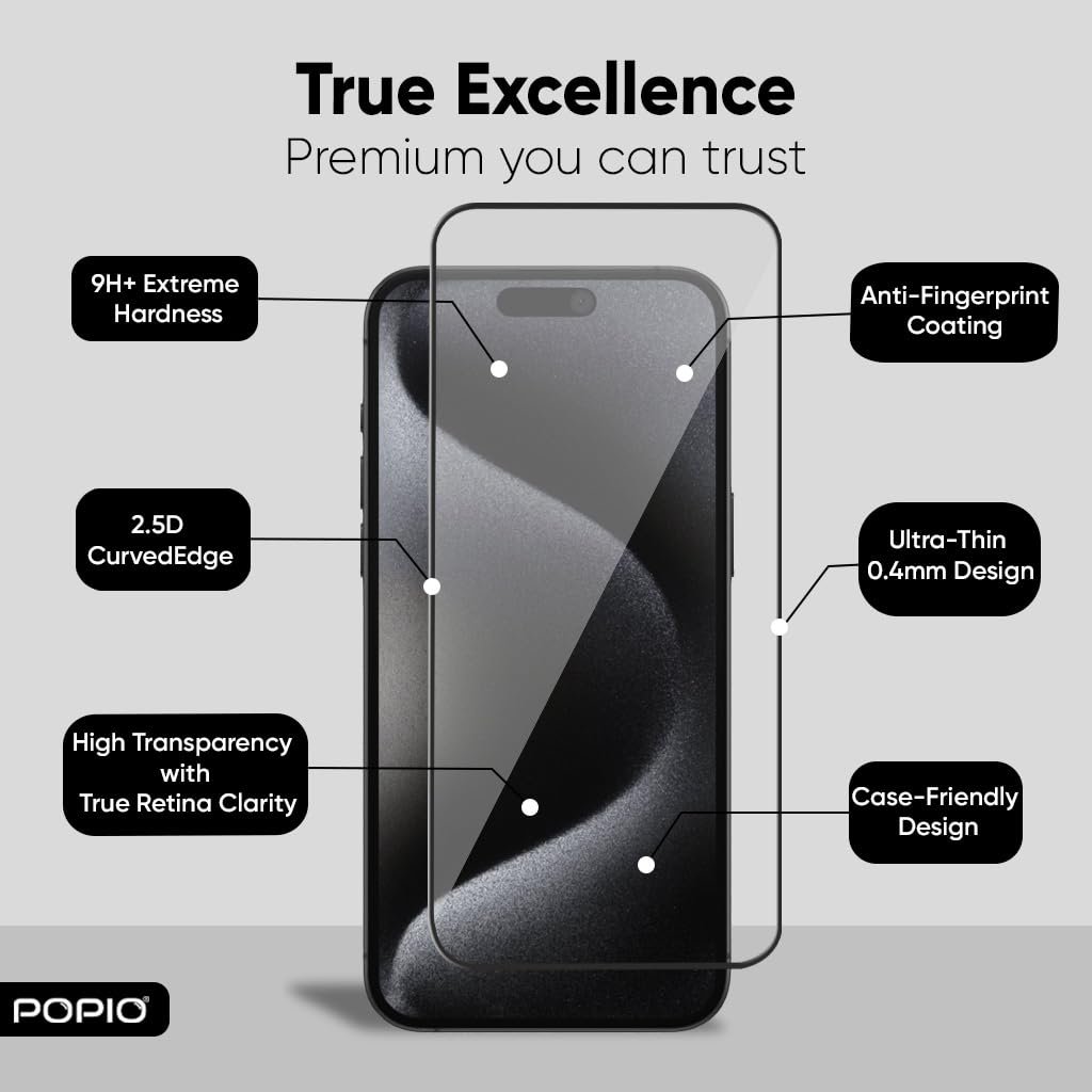 POPIO Military-Grade Gorilla Tempered Glass Compatible For iPhone 15 / iPhone 16 (Black) Edge To Edge Coverage With Easy Installation Kit for Smartphone - Image 4