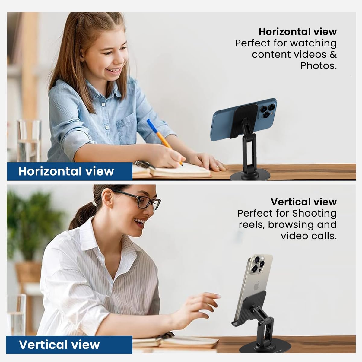 Portronics Mobot III 360° Rotatable & Foldable Mobile Phone Holder With Stable Metallic base,Adjustable Height, Anti Skid Pad,Tabletop Mobile Phone Stand for all Smartphones,tablets,Kindle,ipad(Black) - Image 7