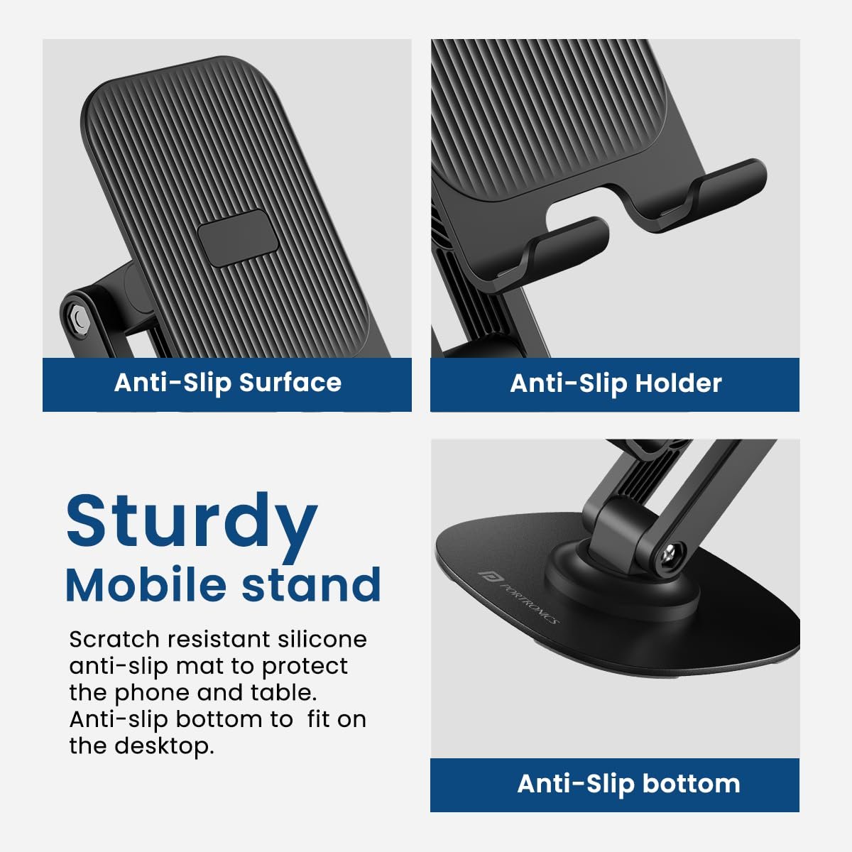 Portronics Mobot III 360° Rotatable & Foldable Mobile Phone Holder With Stable Metallic base,Adjustable Height, Anti Skid Pad,Tabletop Mobile Phone Stand for all Smartphones,tablets,Kindle,ipad(Black) - Image 8
