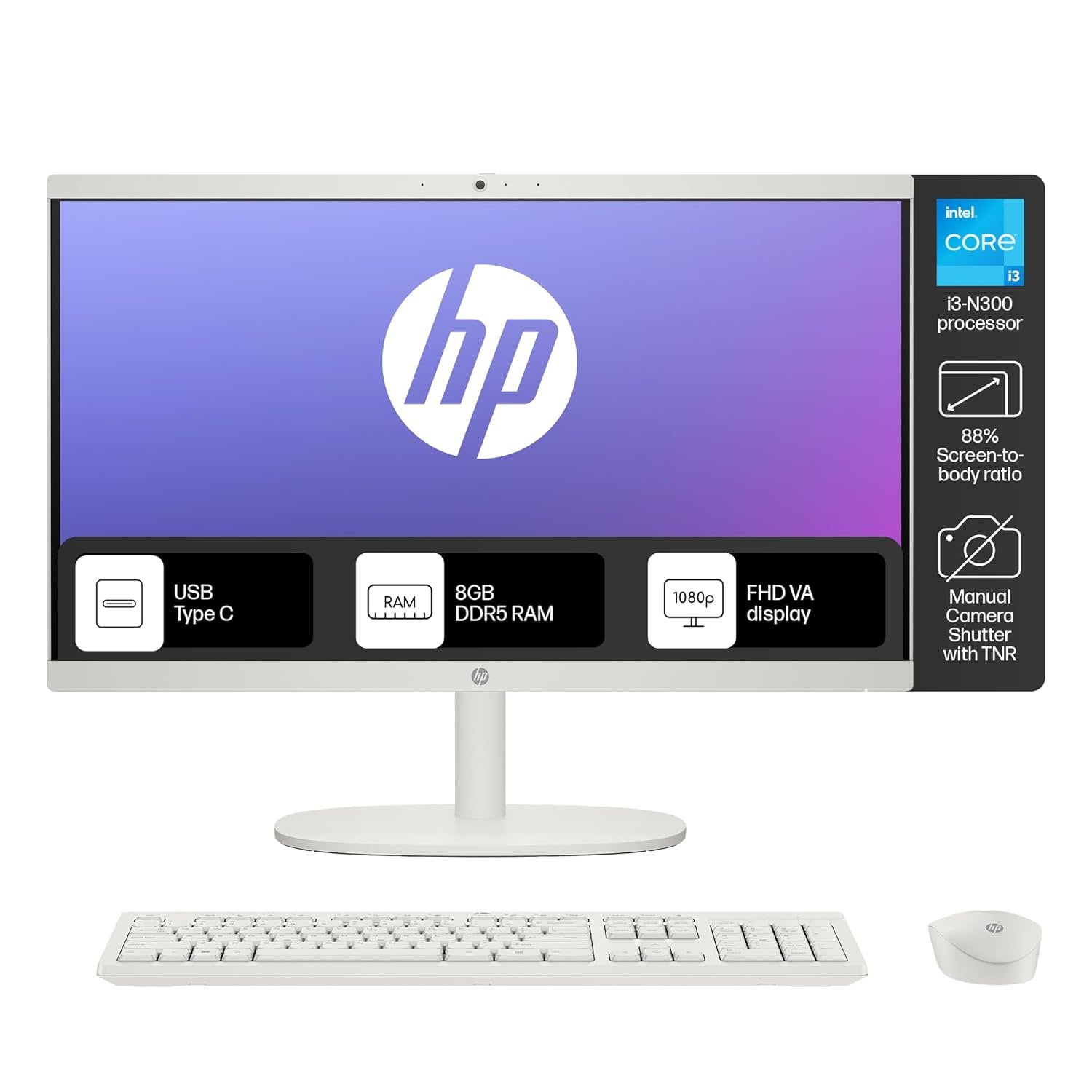 HP All-in-One Desktop Intel® Core™ i3-N300,21.5 inch(54.5cm),FHD,Anti-Glare,8 GB DDR5, 512GB SSD,White Wireless Keyboard and Mouse Combo,White, Windows 11, 4.17kg,22-dg0786in - Image 2