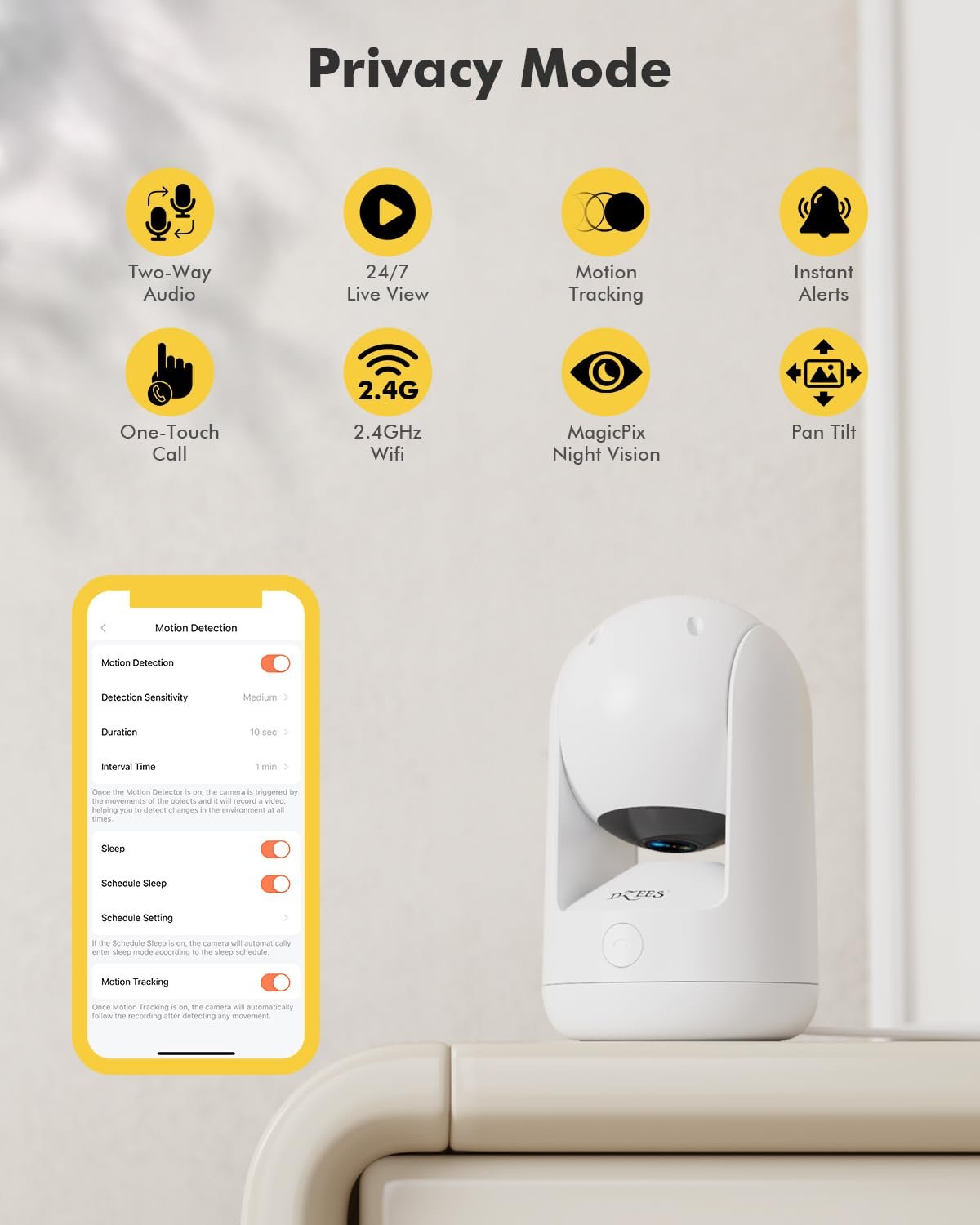 Dzees Indoor Security Camera Pet Camera No Subscription, 2K 360° WiFi Cameras, Wired Dog Pet Cameras with Phone App, MagicPix Night Vision, Calls, 2-Way Audio, 24/7, Motion Tracking, Privacy, 2.4Ghz - Image 3