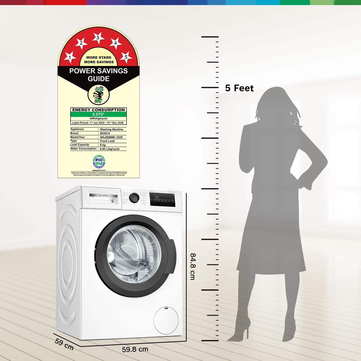 Bosch 8KG 5 Star Fully-Automatic Front Loading Washing Machine (WAJ28260IN,White,AI Active Water Plus,In-Built Heater) - Image 3