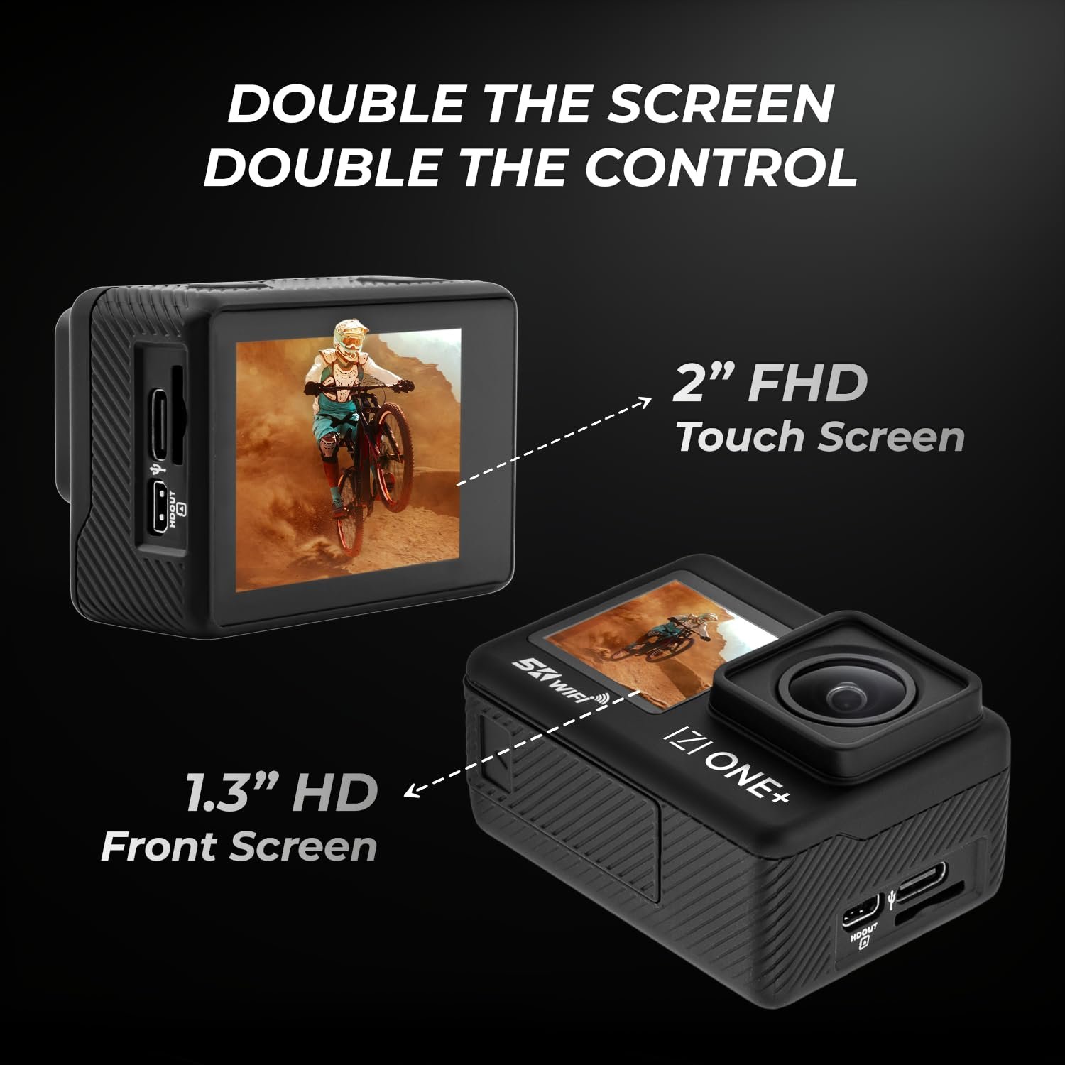 IZI ONE Plus 5K 48MP Action Camera - 6-Axis Gyro Stabilization, 110ft Waterproof, Vlogging, 170° FOV, WiFi, Dual Touch Screen Video Camera, 2X 1350mAh Batteries, Fast C-Type Charge HQ External Mic. - Image 8