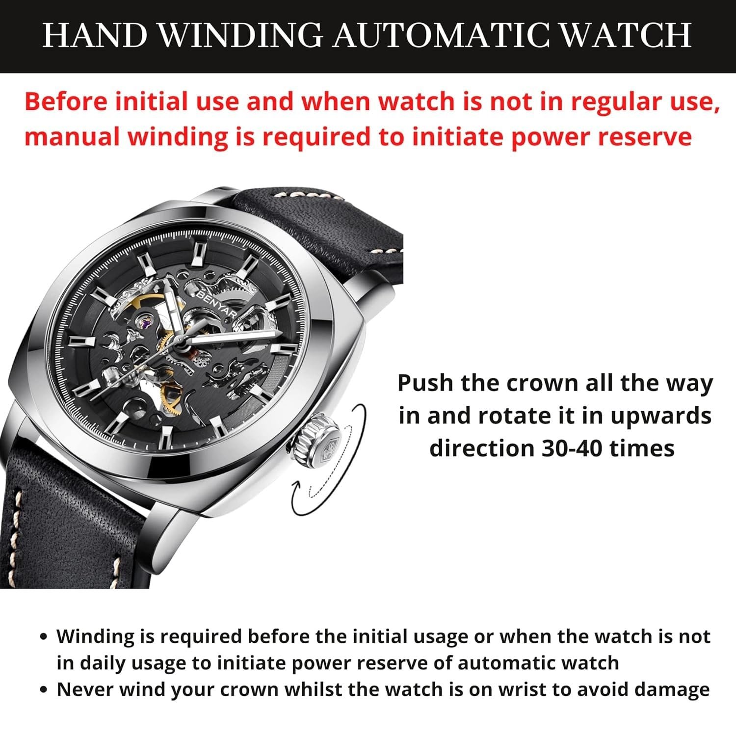 BENYAR Automatic Mechanical Skeleton Leather Strap Men's Watch - Image 3