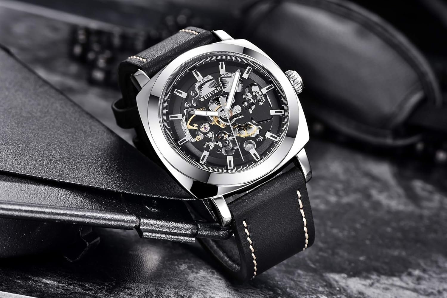 BENYAR Automatic Mechanical Skeleton Leather Strap Men's Watch - Image 4