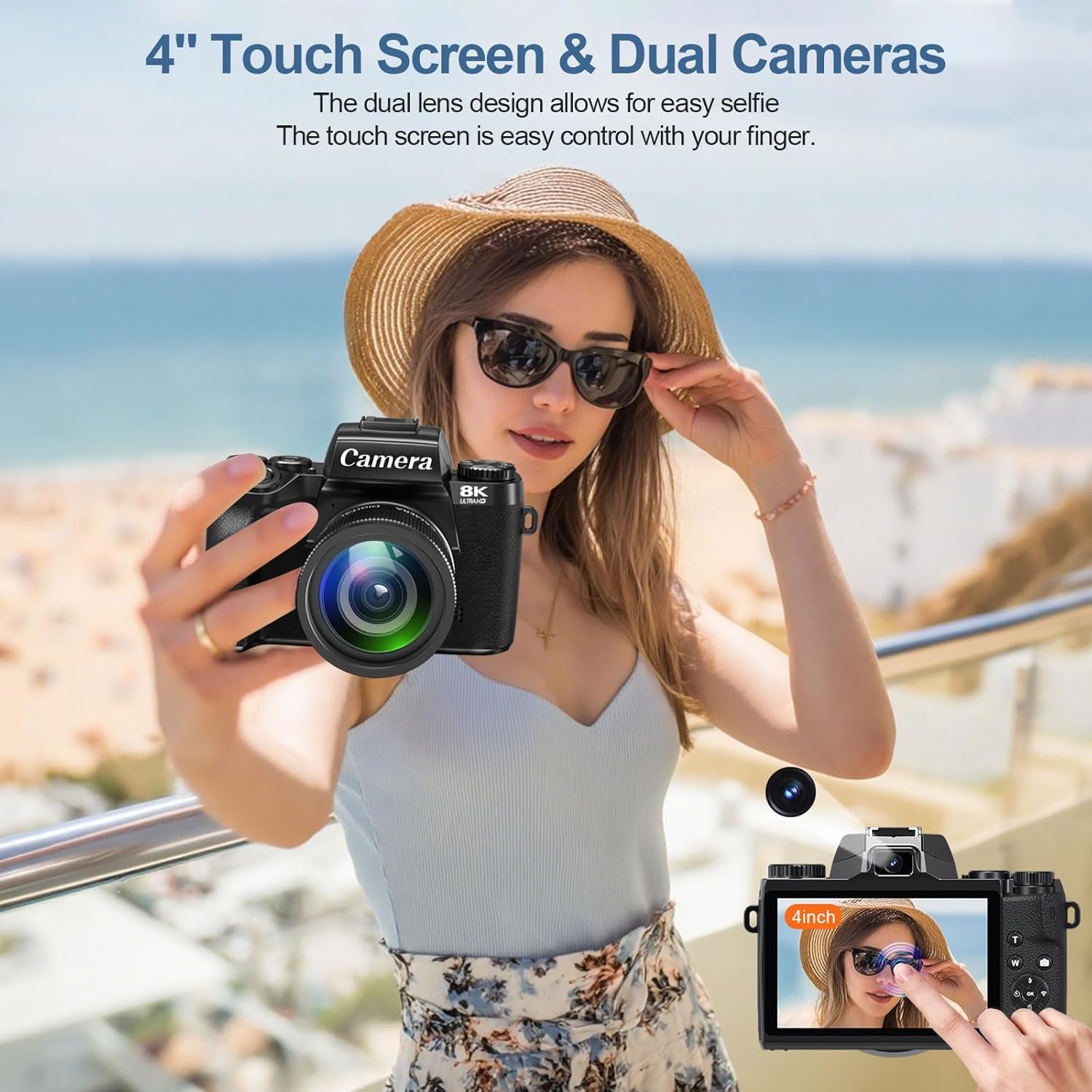 8K Digital Cameras for Photography, WiFi 64MP Vlogging Camera for YouTube, 4" Touch Screen Professional Camera with Dual Lens, Auto Focu, 16X Digital Zoom, 3000mAh Batteries, 32GB Card, Black - Image 4