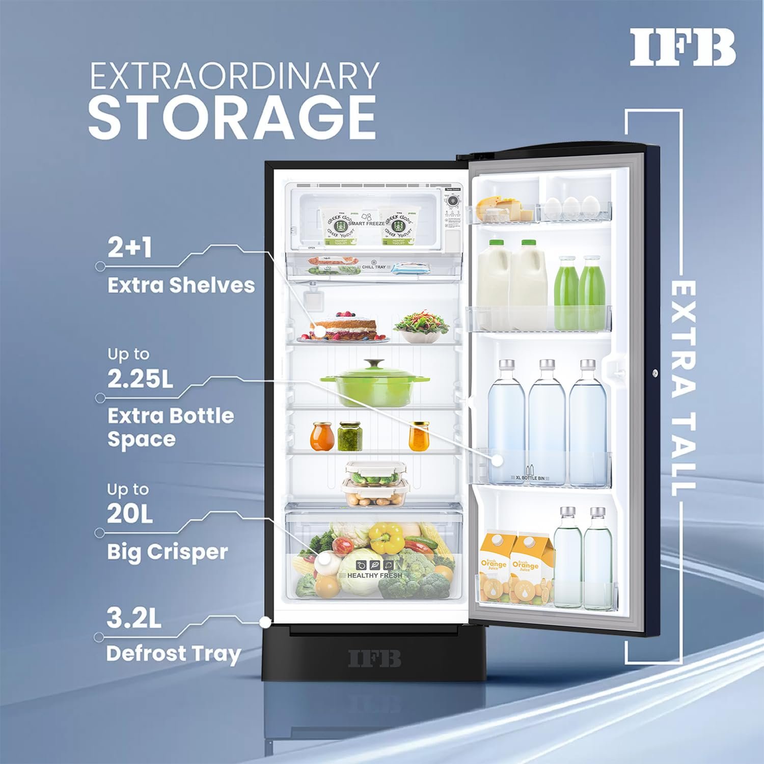 IFB Smart Choice 197L 5 Star Direct-Cool Single Door Refrigerator with Advanced Inverter Compressor (IFBDC-2235DBMED,Mystic Bloosom Blue) Extraordinary Storage with Humidity Controller - Image 5