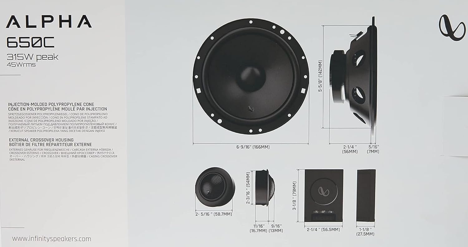 Infinity Car Component Speaker with Grille | Alpha 650C | Peak Power - 315W | RMS Power - 45W | Wired 6.5 Inch 2-Way Component Car Speaker (Black) - Image 8