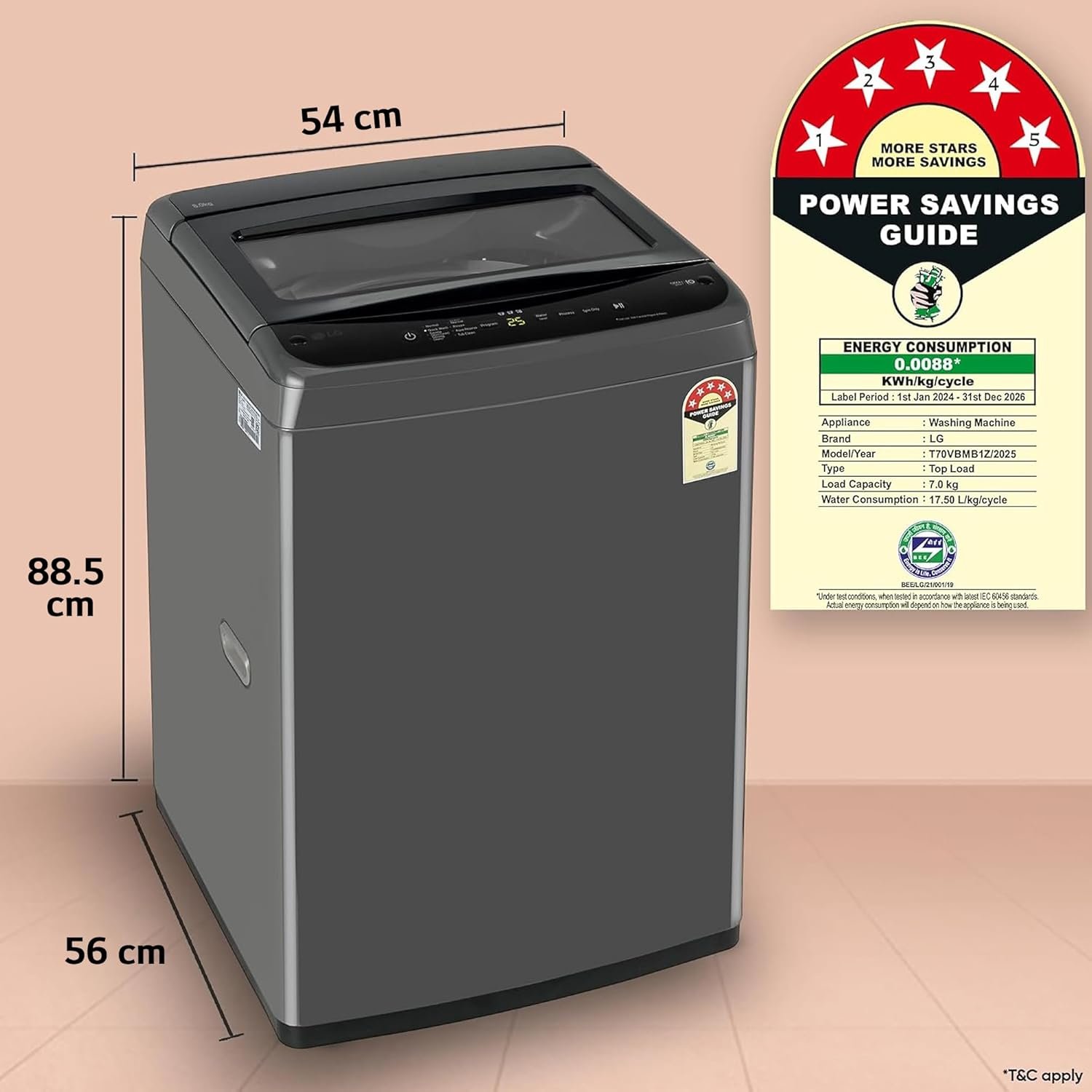 LG 7 Kg 5 Star Smart Inverter Technology Fully Automatic Top Load Washing Machine (T70VBMB1Z, Auto Prewash, Turbodrum, Stainless Steel drum, LED Display, Smart Diagnosis Middle Black) - Image 6