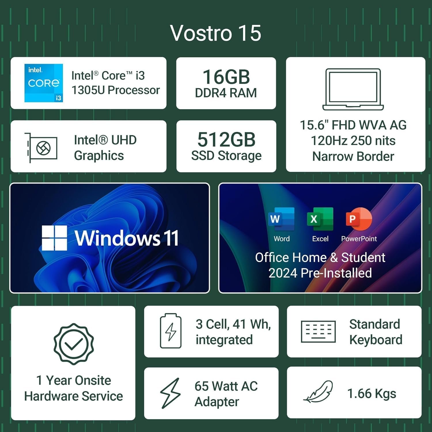 Dell Vostro, Intel Core i3 13th Gen - 1305U, 16GB DDR4 RAM, 512GB, FHD 15.6"/39.6 cm, Windows 11, Office H&S 2024, Carbon Grey, 1.66Kg, 120Hz 250 nits Narrow Border Display, Intel UHD Graphics Laptop - Image 3