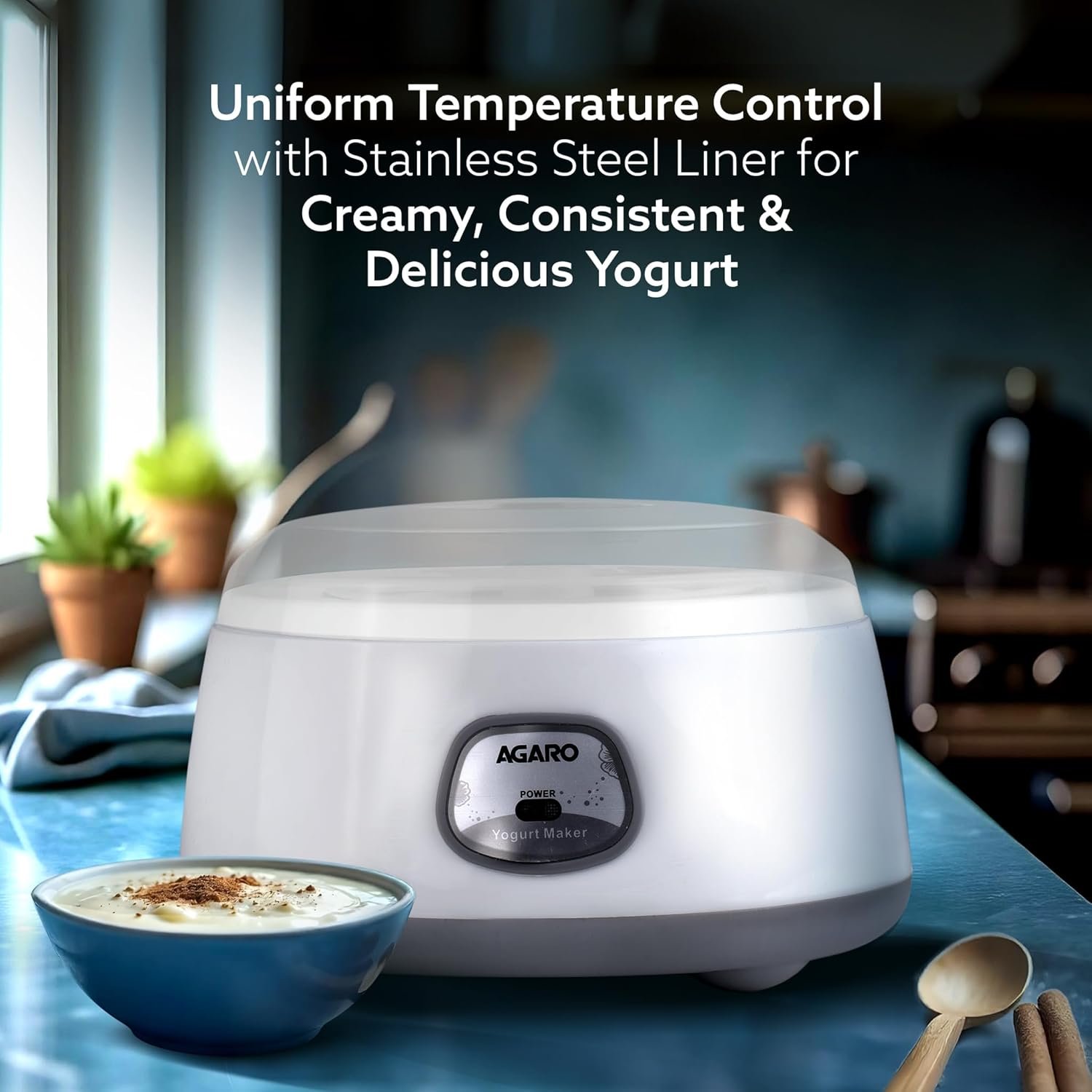 AGARO Classic Portable Yogurt Maker Machine for Home, 1.2L, Electric Probiotic Curd Maker with Auto Temperature Regulation, for Thick Creamy, Consistent Yogurt, 304 SS Container, Grey and White - Image 6
