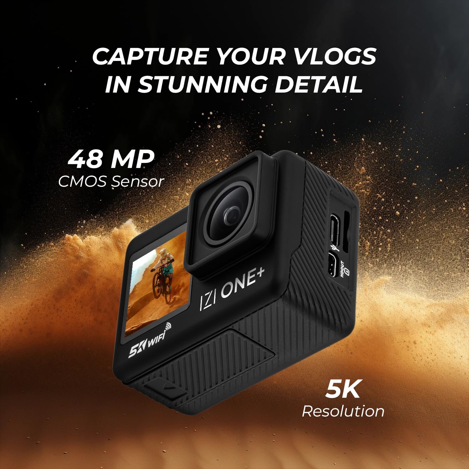 IZI ONE Plus 5K 48MP Action Camera - 6-Axis Gyro Stabilization, 110ft Waterproof, Vlogging, 170° FOV, WiFi, Dual Touch Screen Video Camera, 2X 1350mAh Batteries, Fast C-Type Charge HQ External Mic. - Image 3