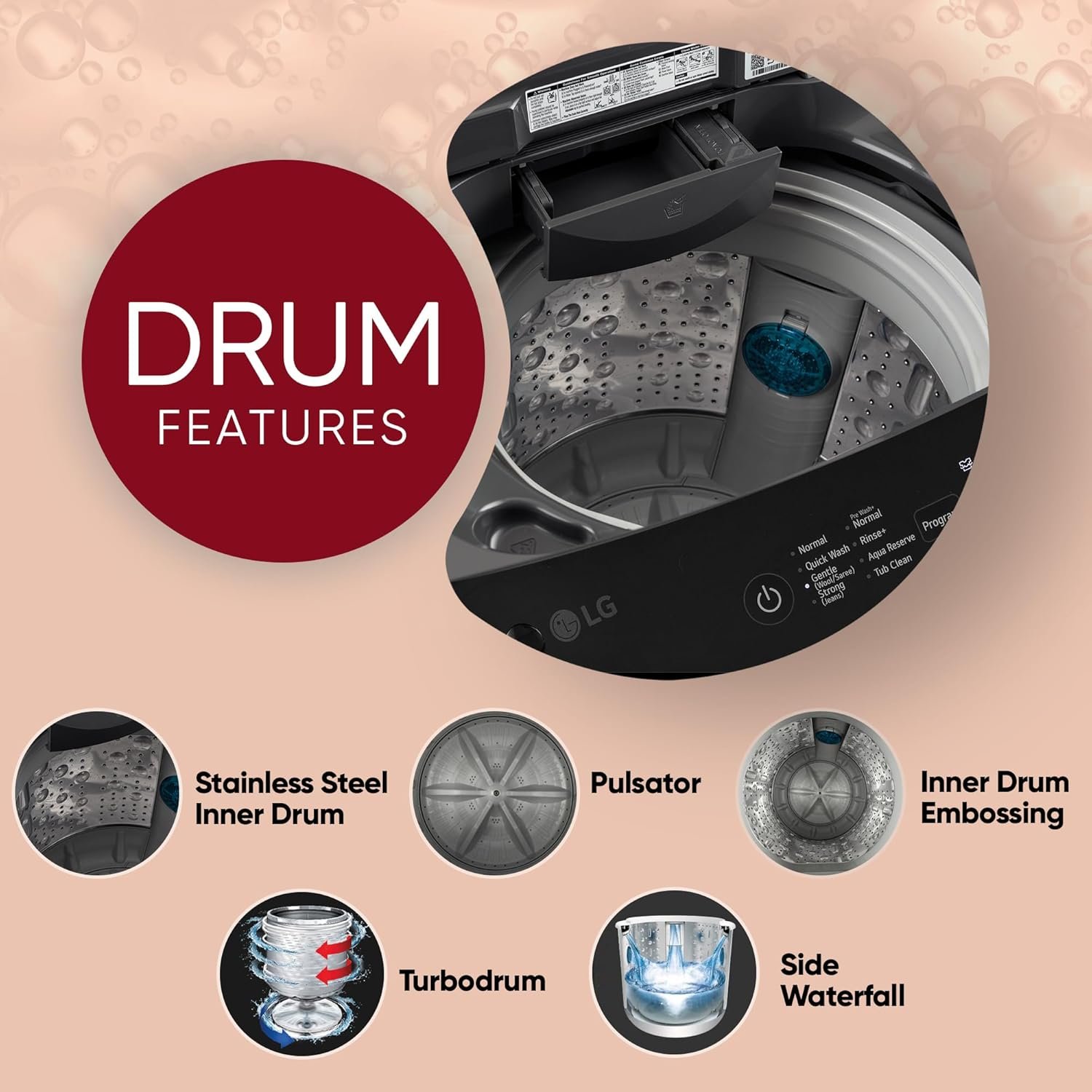 LG 7 Kg 5 Star Smart Inverter Technology Fully Automatic Top Load Washing Machine (T70VBMB1Z, Auto Prewash, Turbodrum, Stainless Steel drum, LED Display, Smart Diagnosis Middle Black) - Image 4