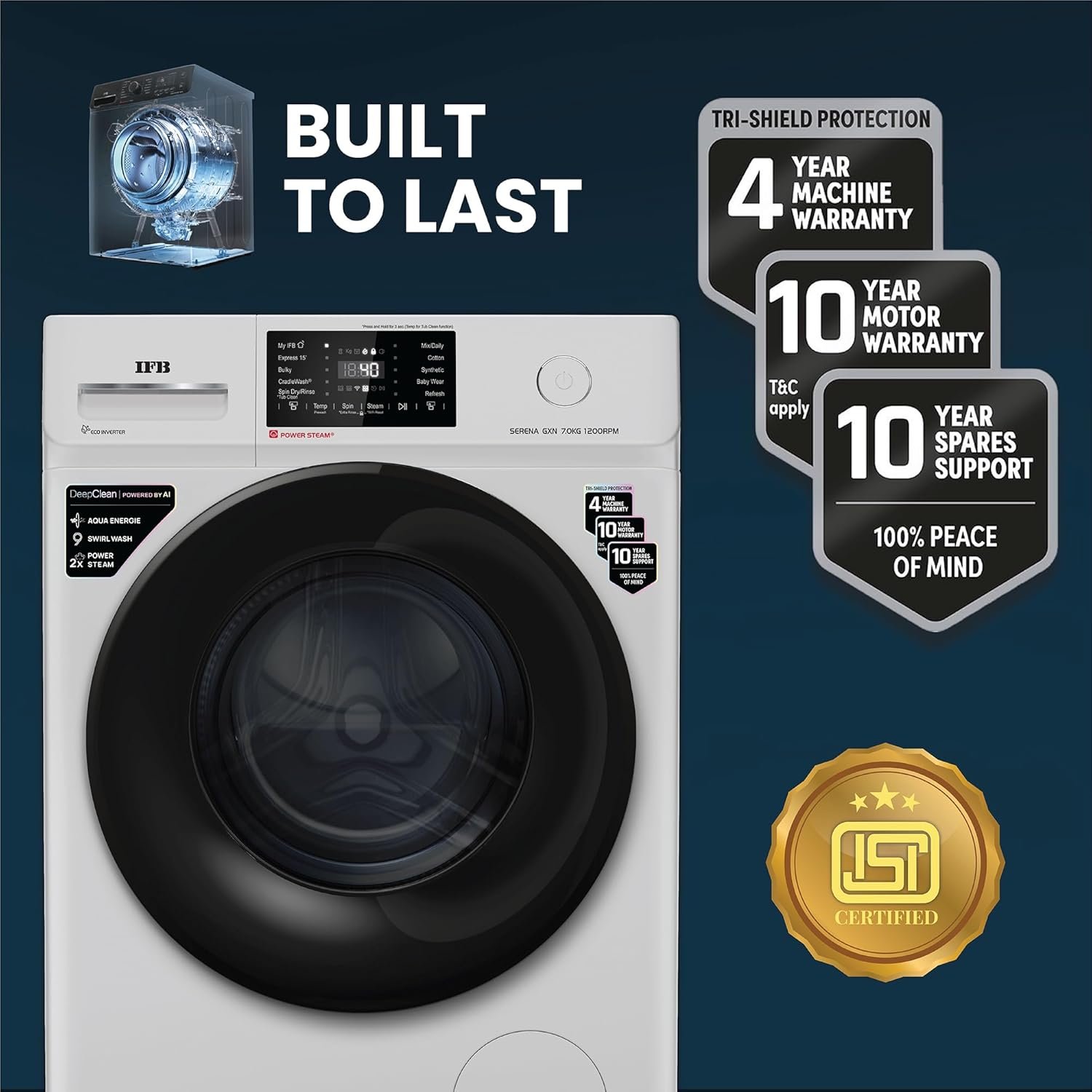 IFB 7 Kg 5 Star, DeepClean® Technology, AI Powered, WiFi, Fully Automatic Front Load Washing Machine (SERENA GXN 7012 CMS, PowerSteam®, 9 Swirl, Steam Refresh, Inbuilt Heater, Eco Inverter, Grey) - Image 13