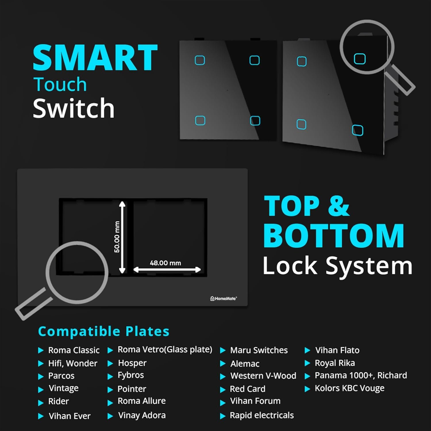 HomeMate® Wi-Fi Smart 4 Gang Touch Switch (Black, Pack of 1) | No Hub Required | Works with Amazon Alexa, Google Assistant & Siri - Image 3