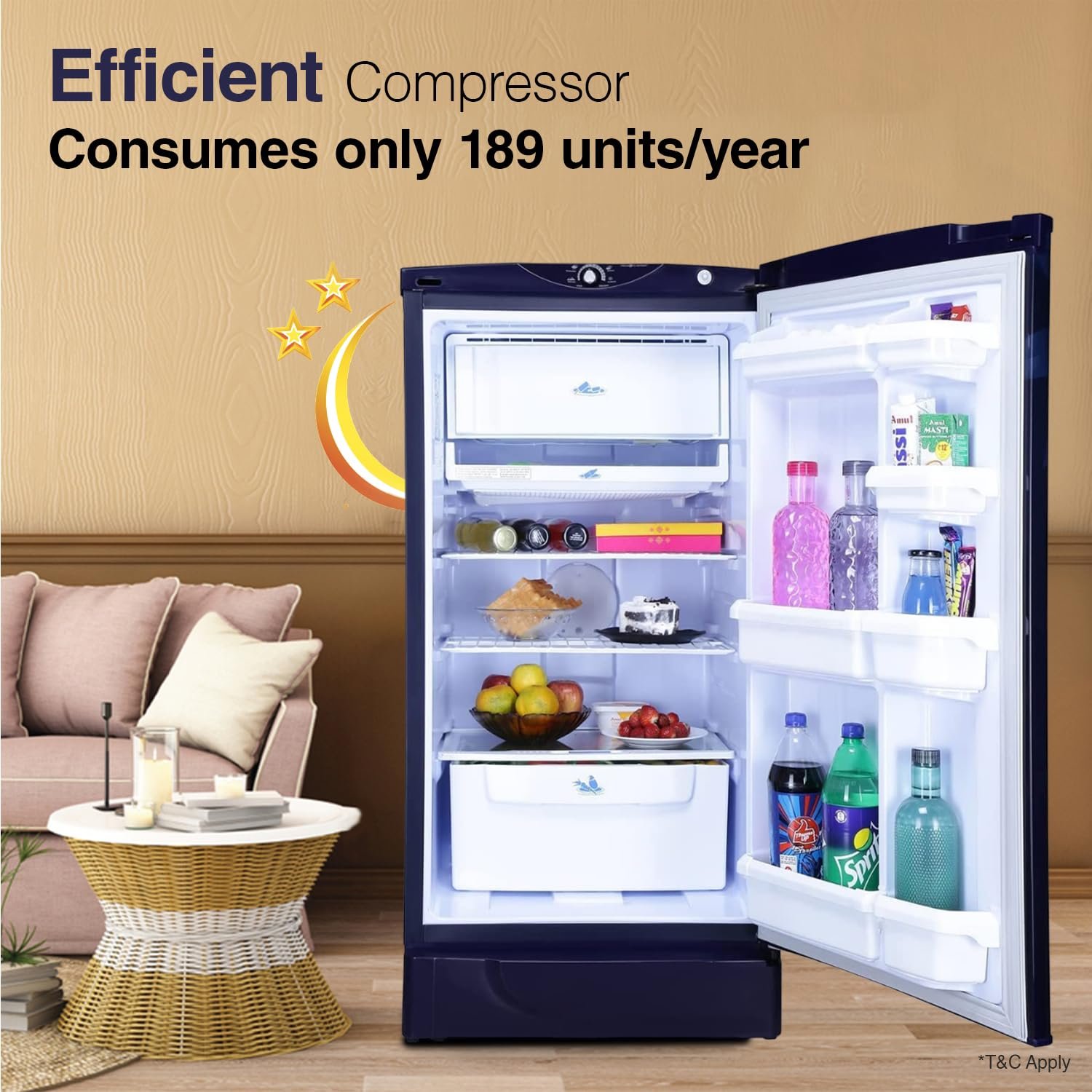 Godrej 180L 2Star Advanced Capillary Technology | Jumbo Vegetable Tray | Wired Shelves | 2.25L Bottle Space | Wide Shelf Space | Direct Cool Single Door Refrigerator (RD EDGE 205B WRF PP BL, Pep Blue) - Image 3