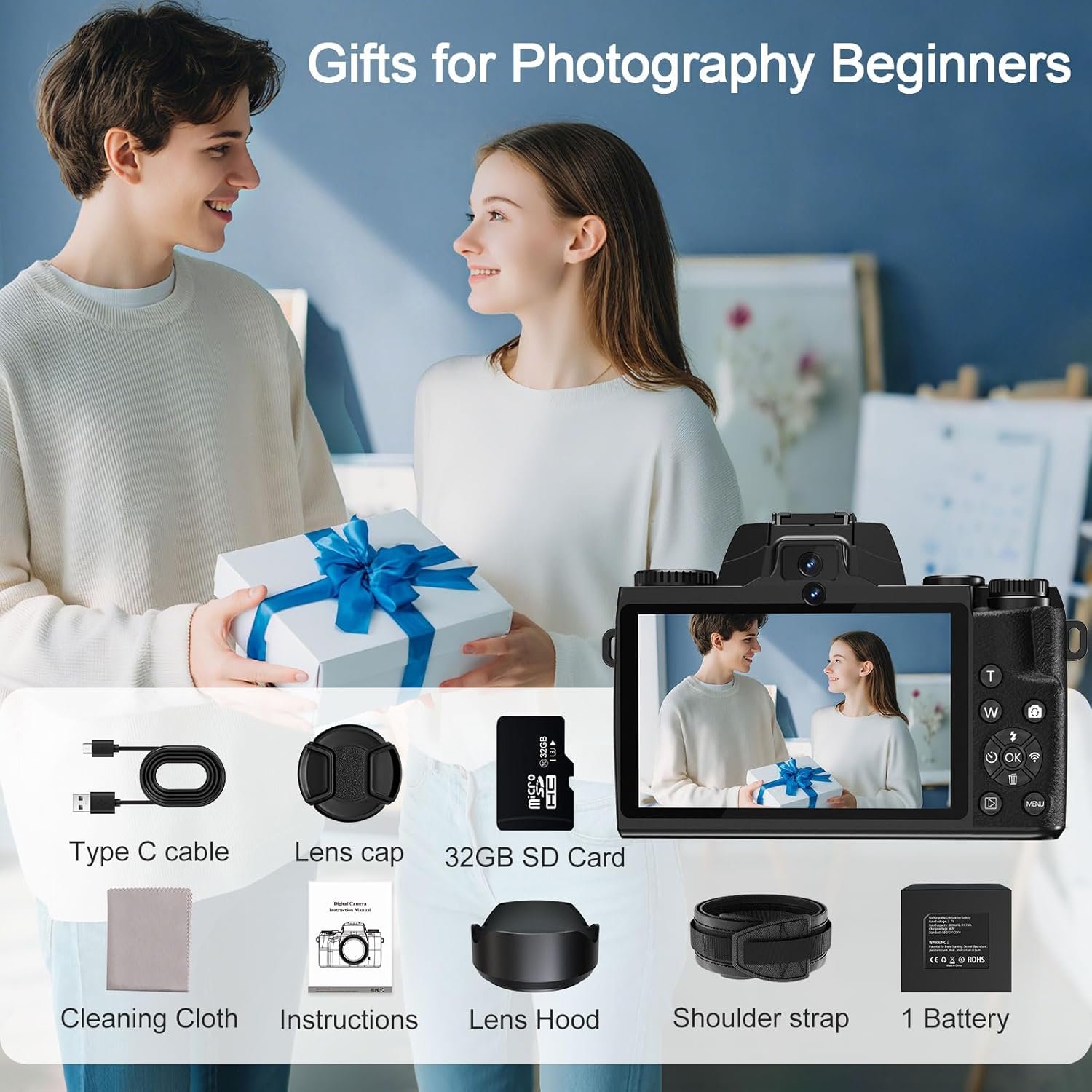 8K Digital Cameras for Photography, WiFi 64MP Vlogging Camera for YouTube, 4" Touch Screen Professional Camera with Dual Lens, Auto Focu, 16X Digital Zoom, 3000mAh Batteries, 32GB Card, Black - Image 9