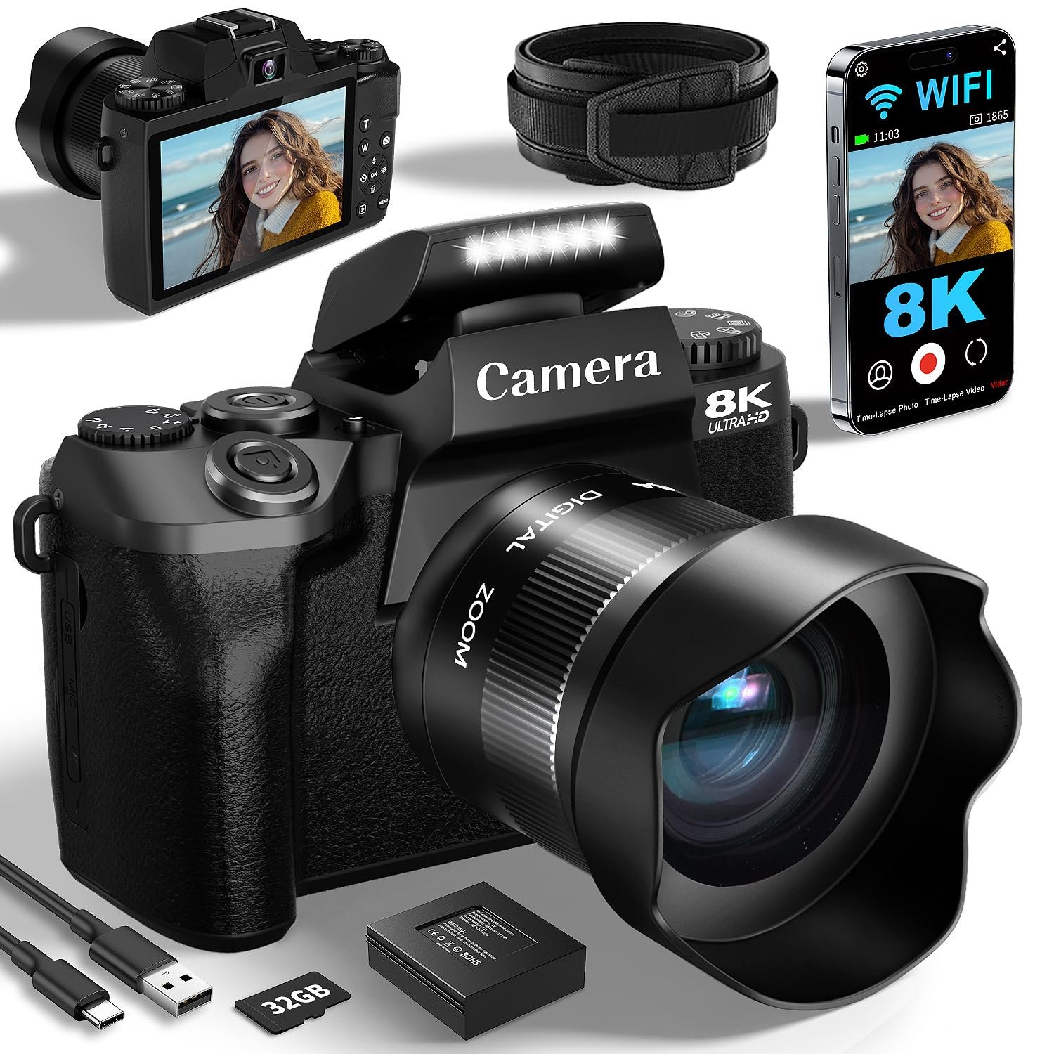 8K Digital Cameras for Photography, WiFi 64MP Vlogging Camera for YouTube, 4" Touch Screen Professional Camera with Dual Lens, Auto Focu, 16X Digital Zoom, 3000mAh Batteries, 32GB Card, Black - Image 2