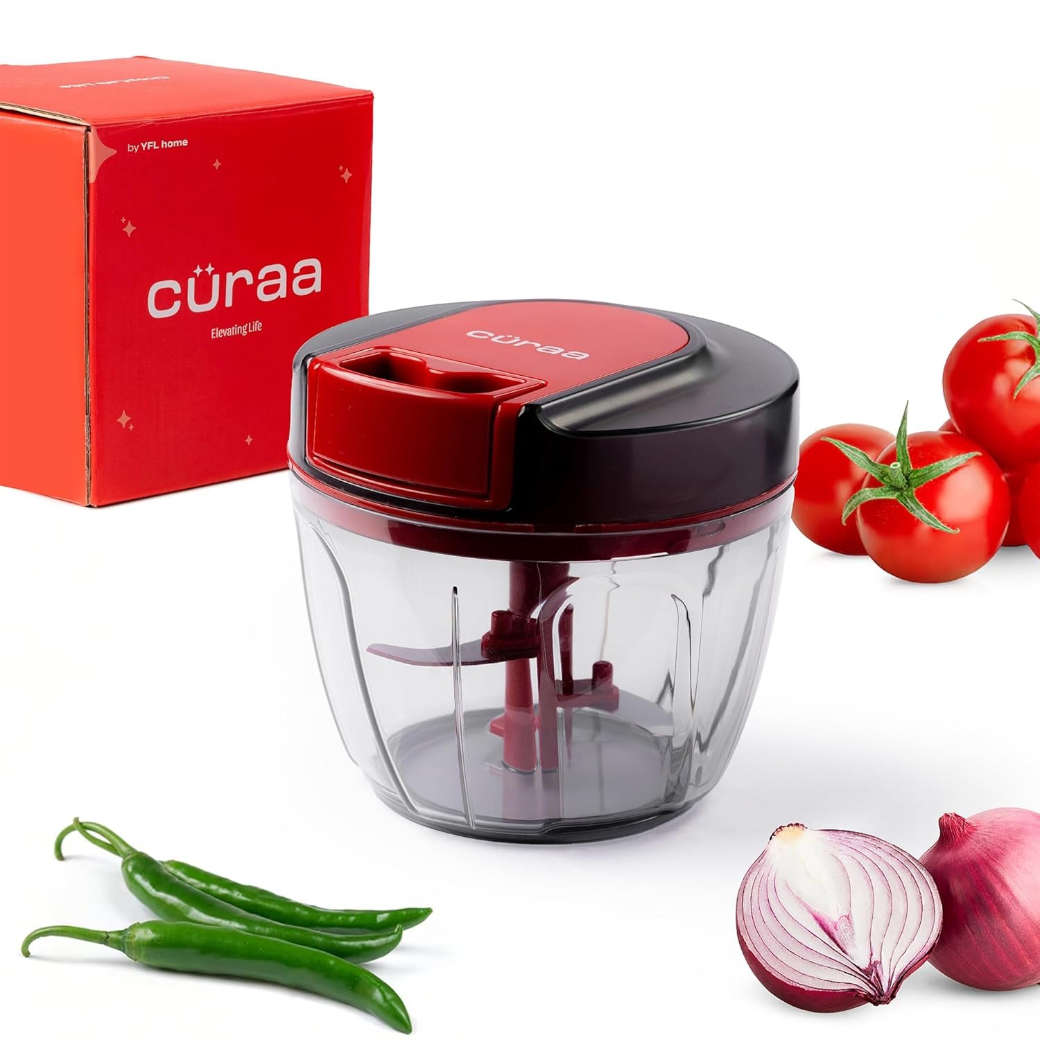 Cüraa by YFL home ChopLab Lite Manual Chopper | 650 ml Portable Vegetable Chopper| Mini Chopper for Kitchen with Stainless Steel Blades for Chopping Onion, Ginger, Garlic, Vegetables, Herbs, Nuts |Red - Image 2
