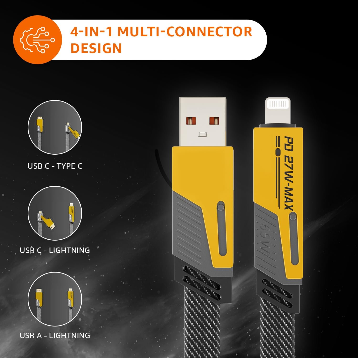 amazon basics Quad Pro 4-in-1 Metal Flat Braided Indestructible Cable (1.5m, 60W) – Ultimate All-in-One Charging Solution - Image 3