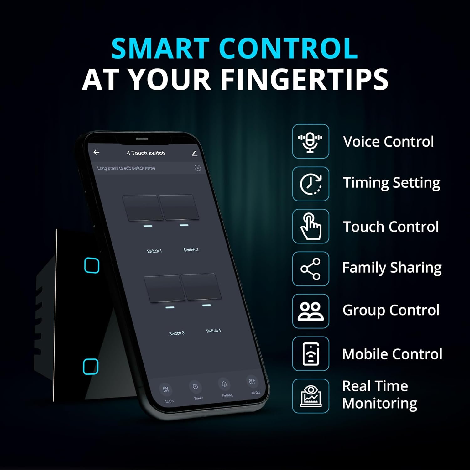 HomeMate® Wi-Fi Smart 4 Gang Touch Switch (Black, Pack of 1) | No Hub Required | Works with Amazon Alexa, Google Assistant & Siri - Image 4