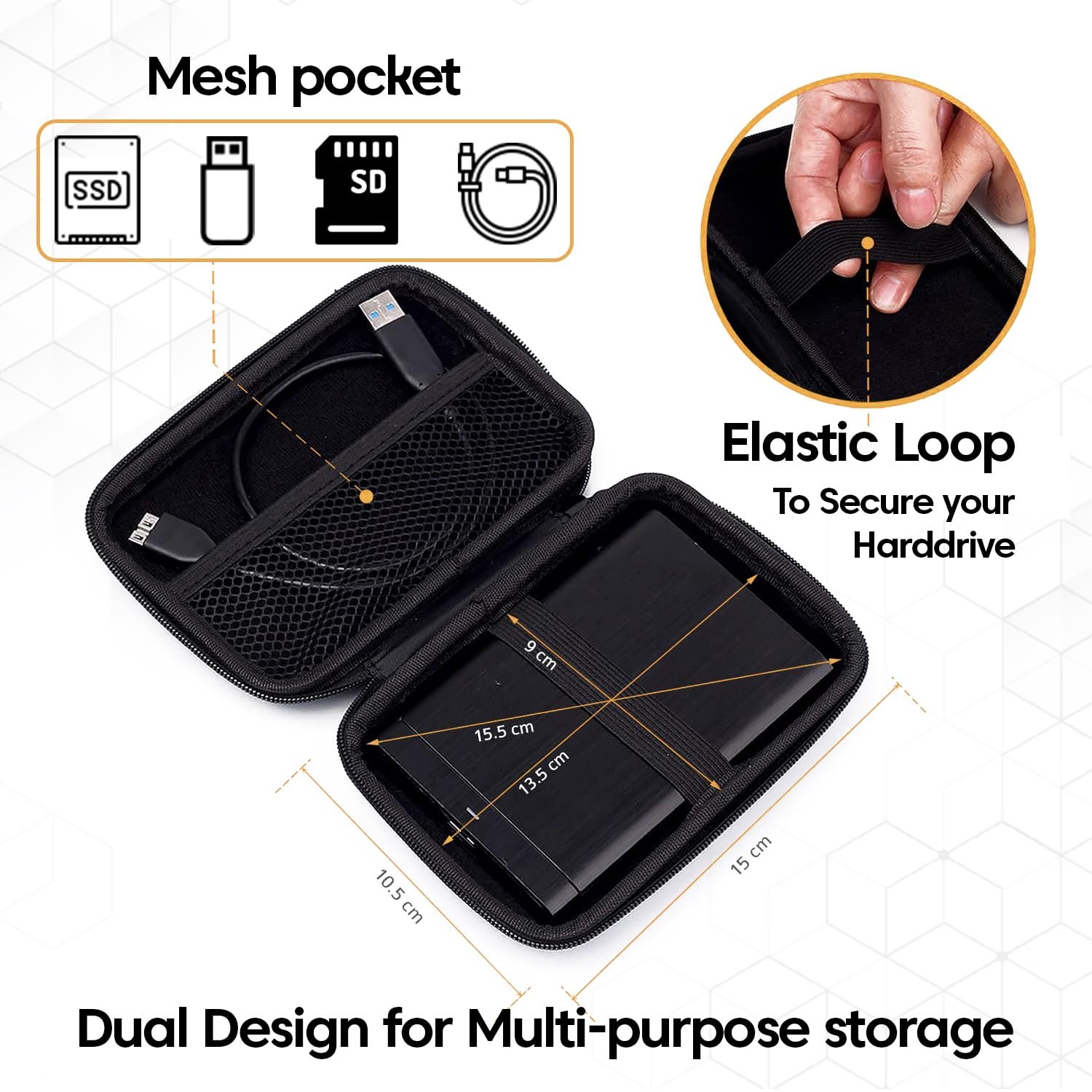 Sounce Rugged Hard Drive Case for 2.5-inch, Hard Disk Case, EVA Disk Pouch, External Hard Disk Cover, Portable Storage Shell for Gadget Hard Disk USB Cable Mobile Charger Earphone, Waterproof (Black) - Image 7