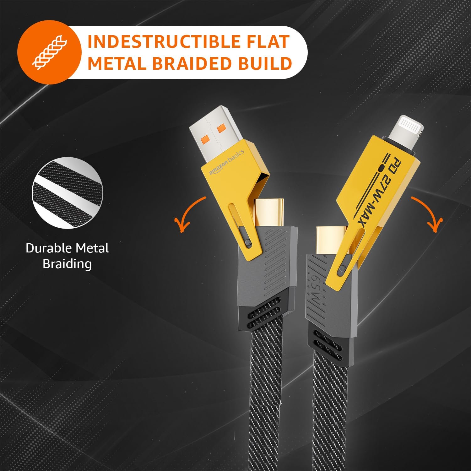 amazon basics Quad Pro 4-in-1 Metal Flat Braided Indestructible Cable (1.5m, 60W) – Ultimate All-in-One Charging Solution - Image 6