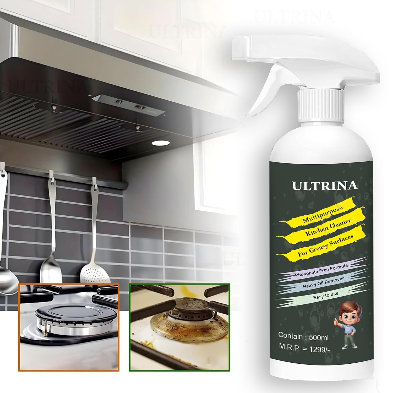ULTRINA Kitchen Cleaner Spray | Non-Flammable & Nontoxic | Multi-Purpose Spray Suitable For All Kitchen Appliances & Surfaces, Gas Stove, Countertop, Tiles, Chimney, Exhaust Fan And Sink (500 ML) - Image 2