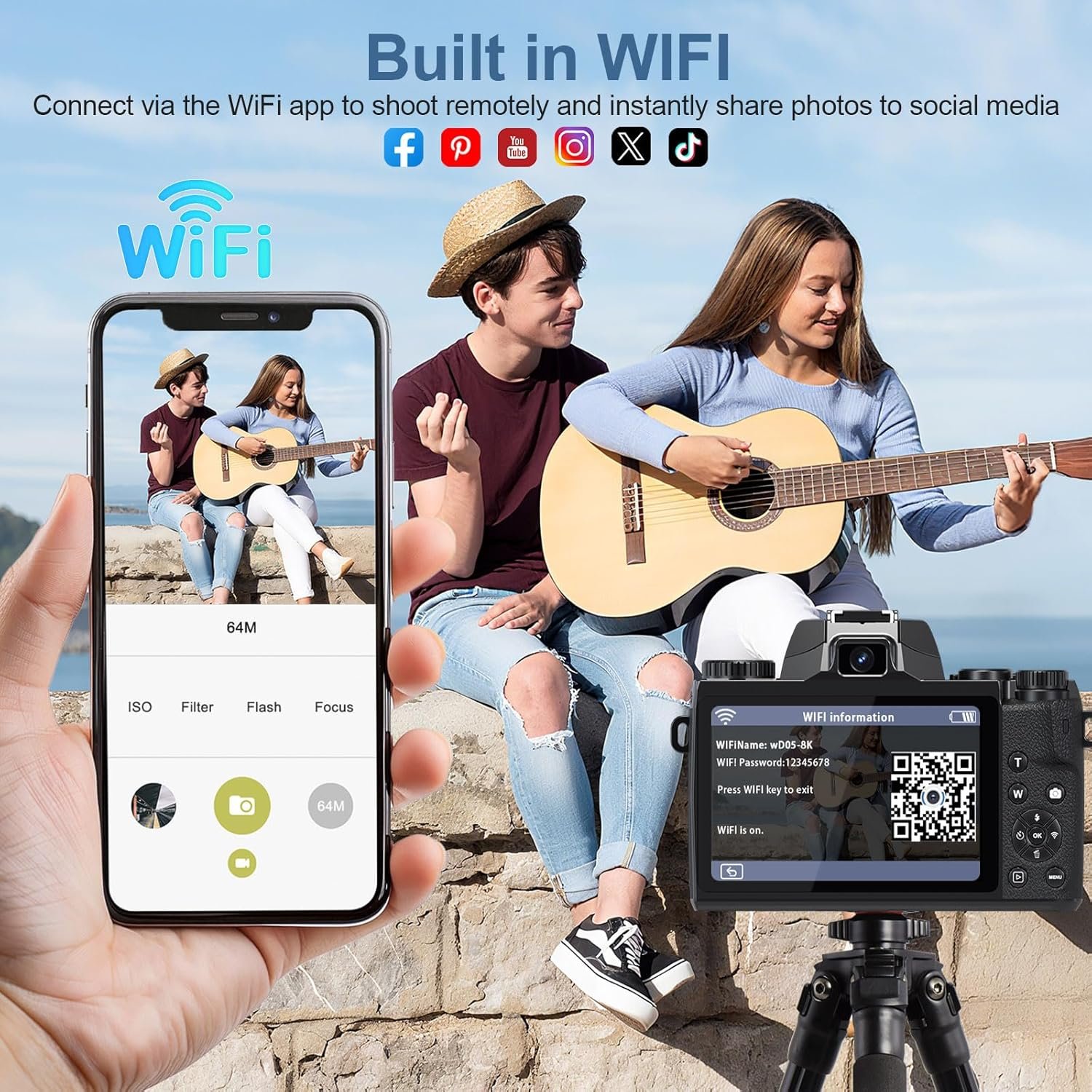 8K Digital Cameras for Photography, WiFi 64MP Vlogging Camera for YouTube, 4" Touch Screen Professional Camera with Dual Lens, Auto Focu, 16X Digital Zoom, 3000mAh Batteries, 32GB Card, Black - Image 5