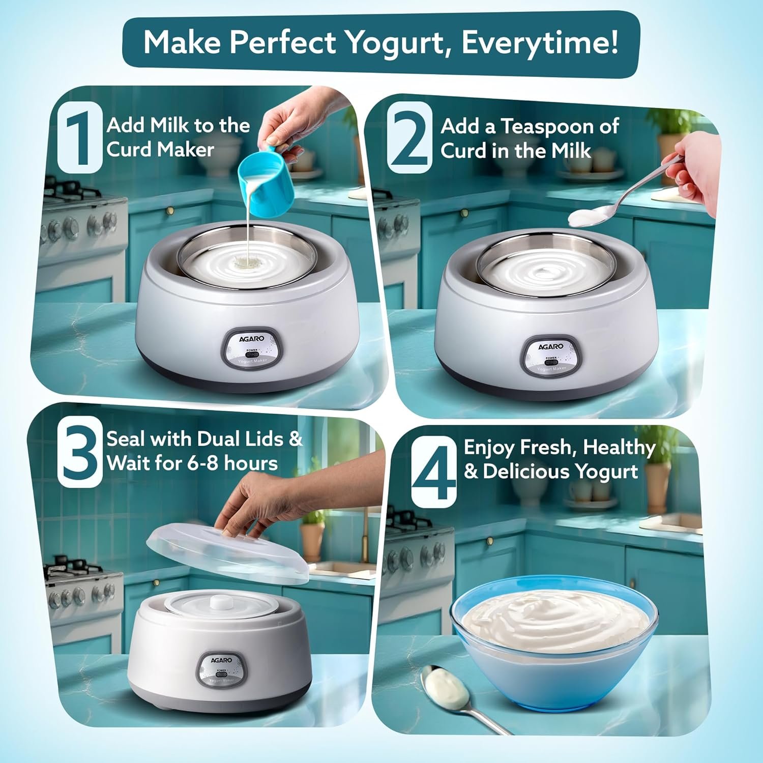 AGARO Classic Portable Yogurt Maker Machine for Home, 1.2L, Electric Probiotic Curd Maker with Auto Temperature Regulation, for Thick Creamy, Consistent Yogurt, 304 SS Container, Grey and White - Image 7